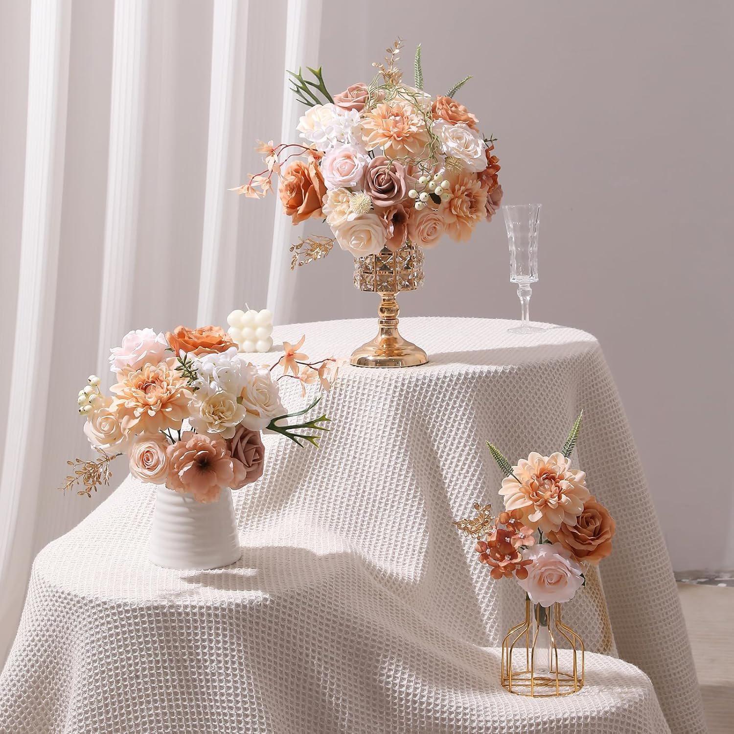 Artificial Flowers Combo, Mix Silk Flowers Roses, Peonies, Dahlias with Stems for DIY Wedding Bridal Bouquet, Baby Shower, Table Centerpieces, Home Decor, Fake Floral Arrangements-Boho Nude