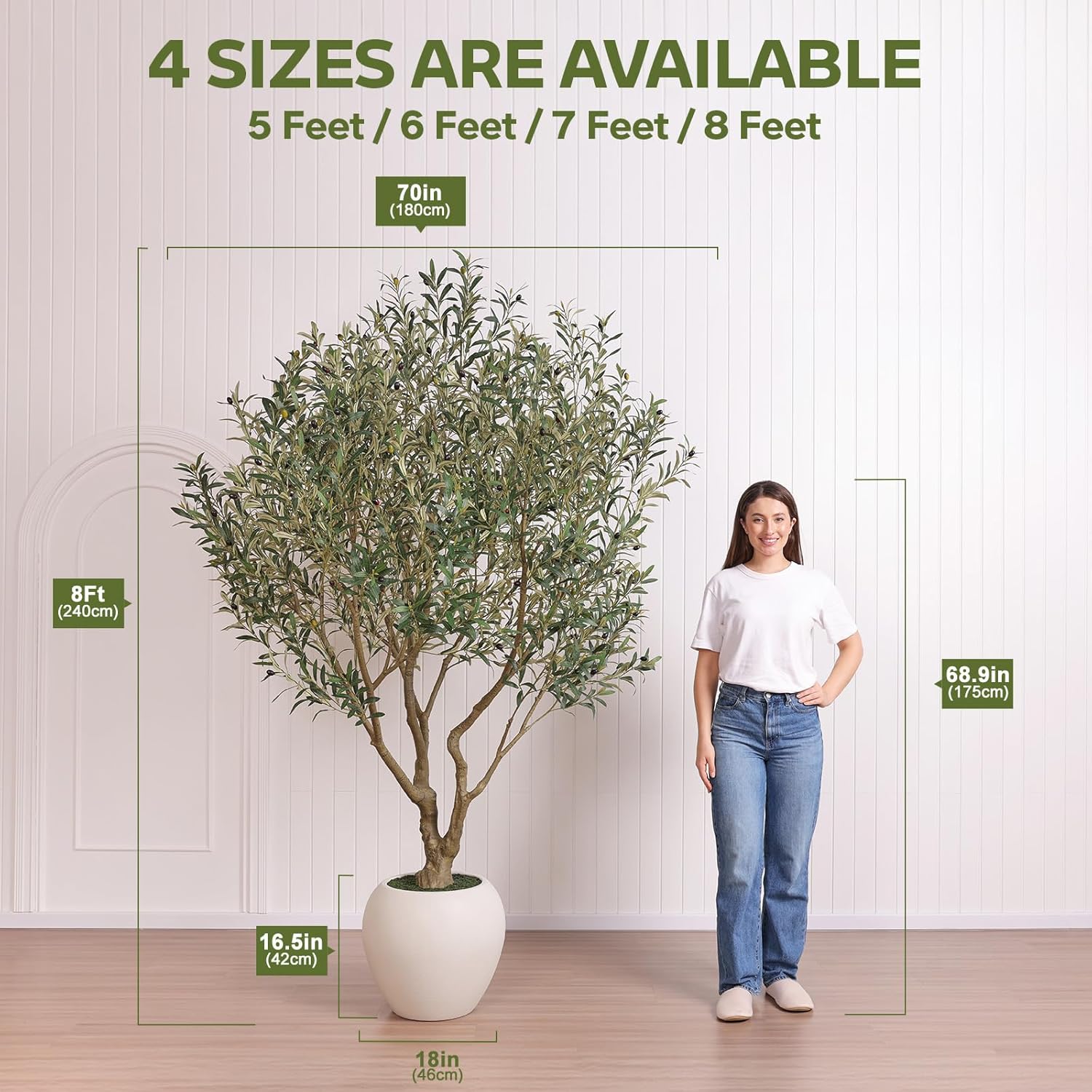 Artificial Olive Tree 8FT Faux Plant Home Decor - Large White Pot with Lifelike Silk Leaves, UV Resistant & No Maintenance - Indoor Outdoor Fake Tree for Modern Office Living Room,VN206