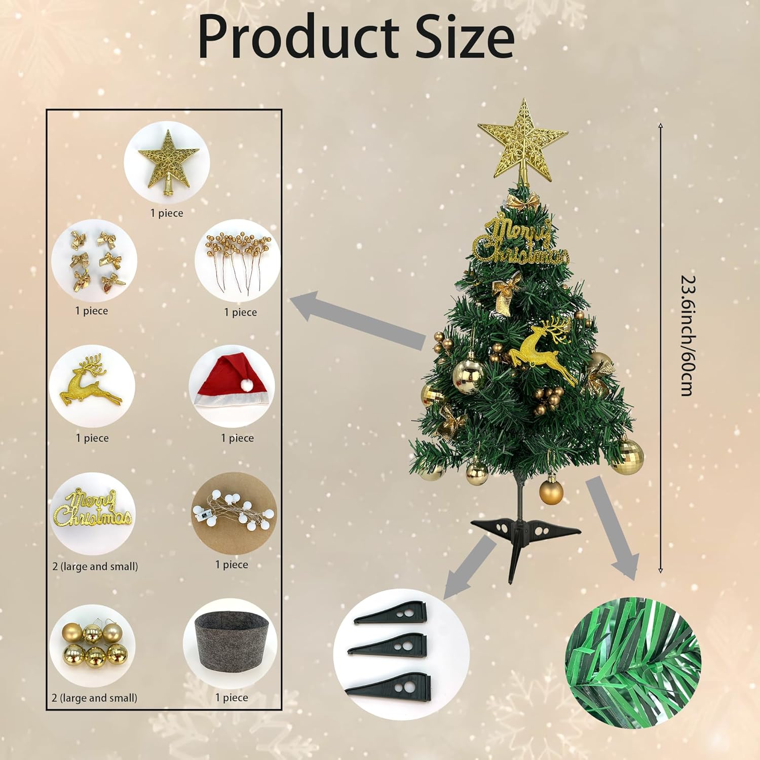 Tree Company Pre-lit Artificial Mini Christmas Tree - Gold Star Small White LED Lights, White Tipped Cones, Glitter Branches Pine Cones and Cloth Bag Base - Glittery Bristle Pine - 24 inch