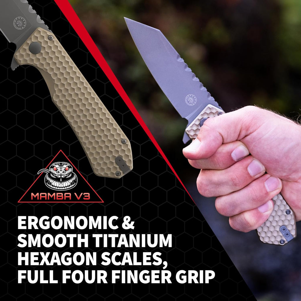 Off-Grid Knives - MAMBA V3, Large EDC Knife with MagnaCut Blade Steel, Titanium Scales and Hardware, Manual Ball Bearing Flipper, Four Finger Grip, Deep Pocket Carry (Coyote Gold)