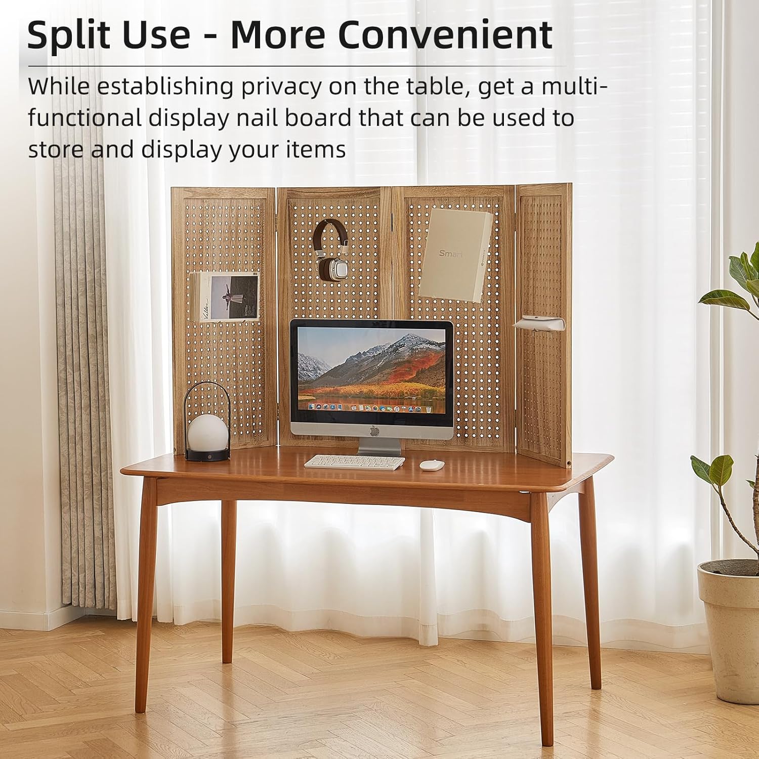 5.6Ft Wood PegBoard Room Divider 4 Panel Detachable Folding Privacy Screen Pegboard Display 33.5" 2in1 Standalone Portable Wall Divider Room Partition for Jewelry, Craft Show, Bedroom-Natural