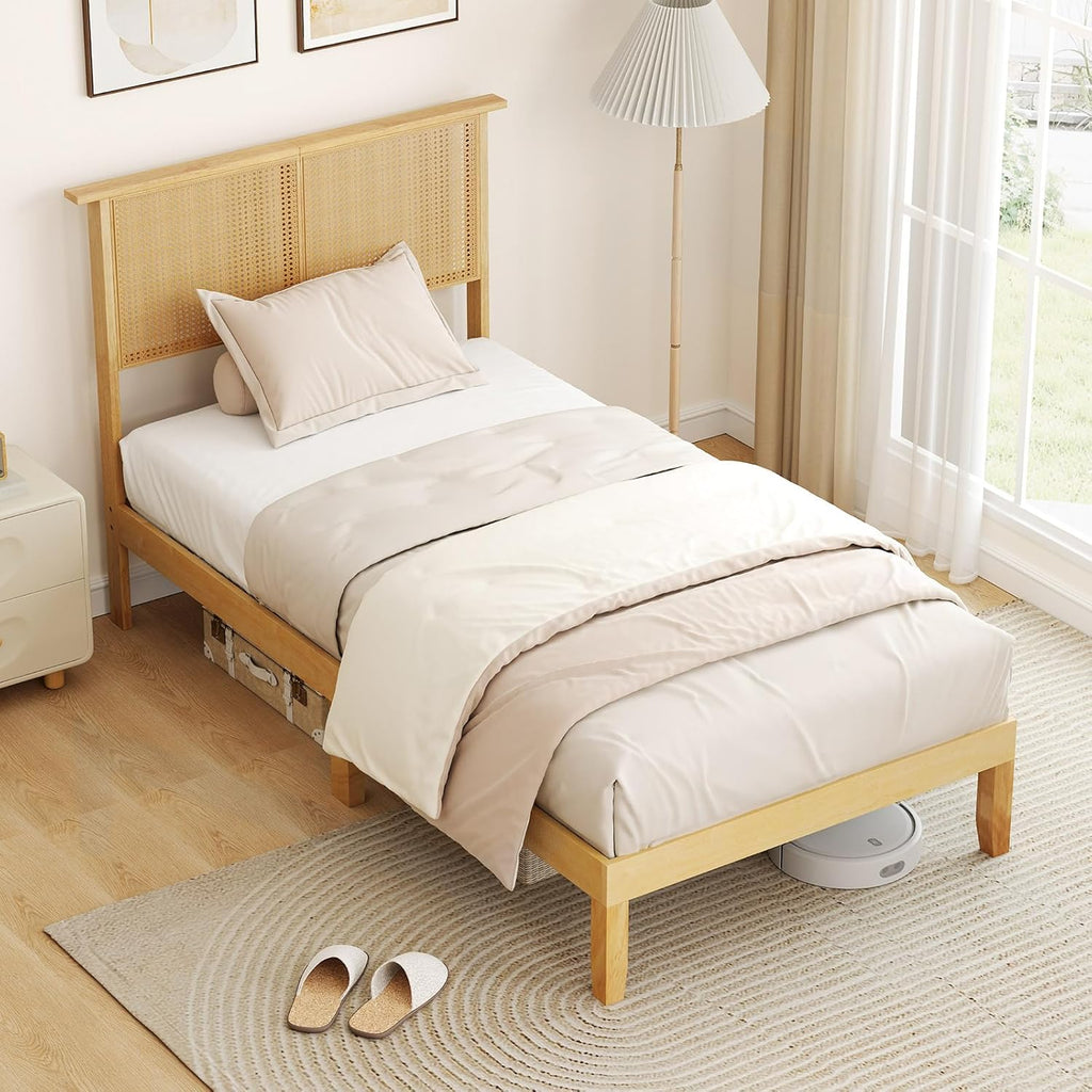 Giantex Rattan Twin Bed Frame with Headboard, Boho Solid Wood Platform Bed with Wooden Foundation & Slats, Underneath Storage Space, Twin Bed Frames for Kids Adults, No Box Spring Needed, Natural