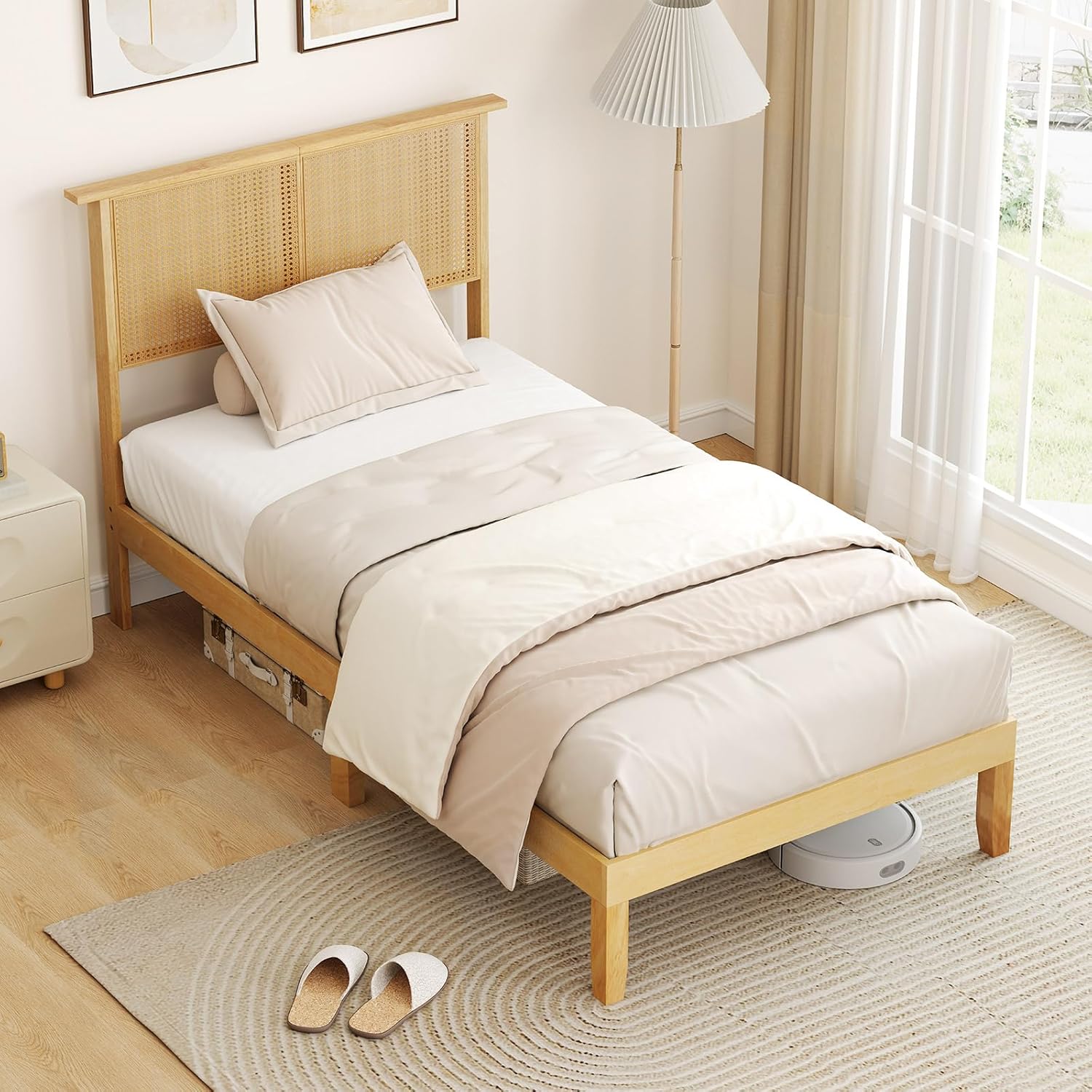 Giantex Rattan Twin Bed Frame with Headboard, Boho Solid Wood Platform Bed with Wooden Foundation & Slats, Underneath Storage Space, Twin Bed Frames for Kids Adults, No Box Spring Needed, Natural