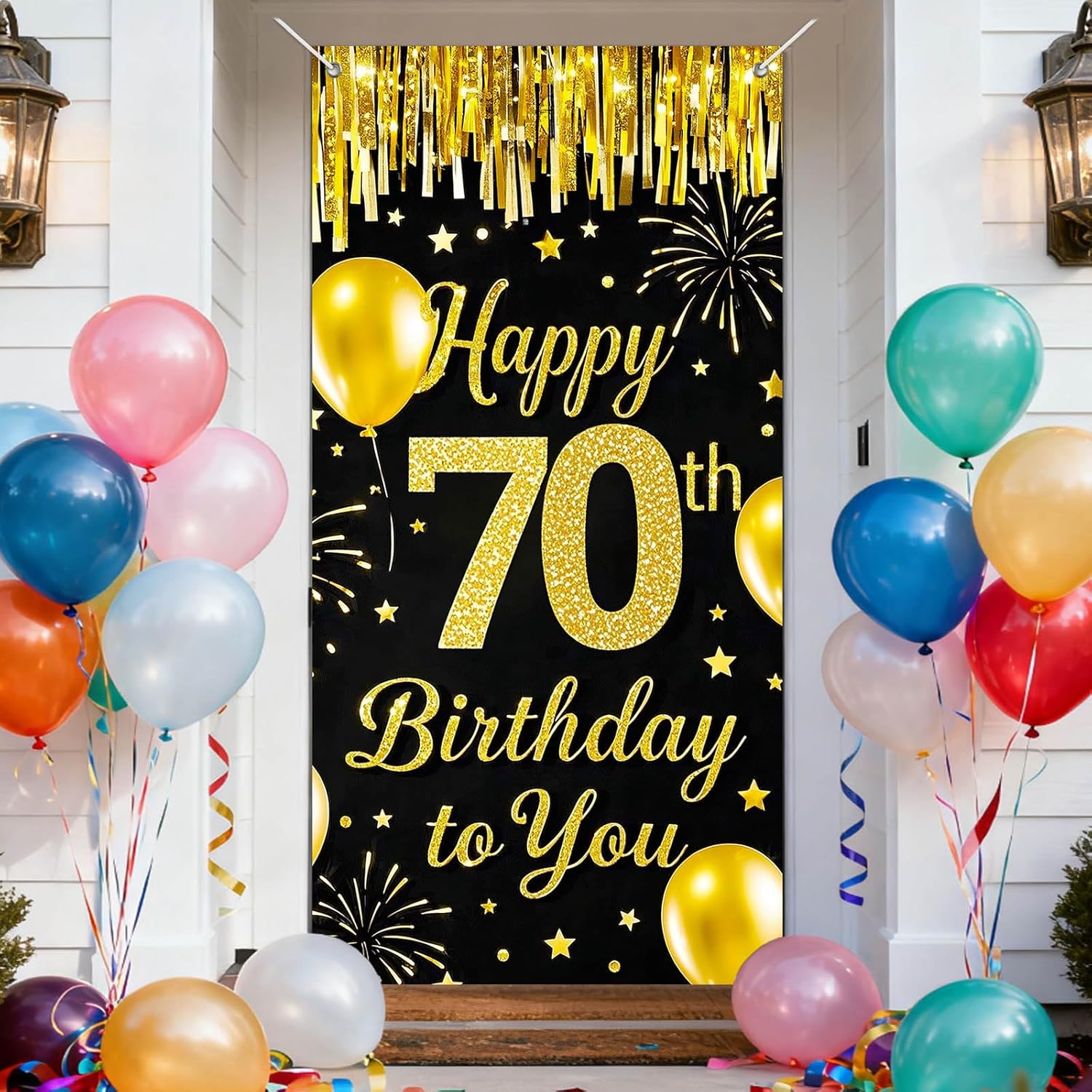IVN 70th Birthday Door Cover 71x35 Inch Black Gold Birthday Banner for Party Decorations Balloons Stars Fireworks Backdrop Sign for Men Women Photo Booth Prop Wall Decor
