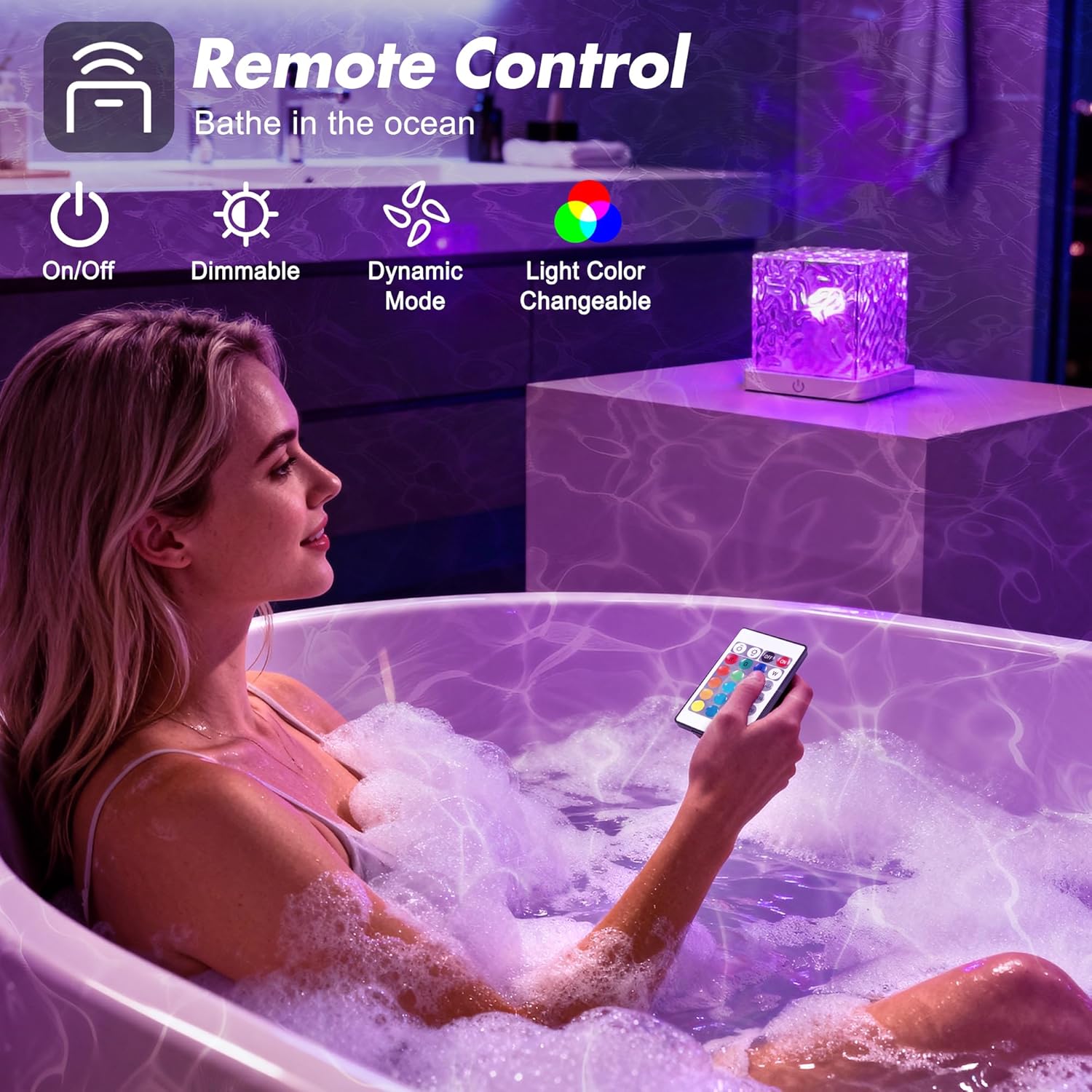 2 Pack Rechargeable Shower Light for Inside Shower, 16 Color Changeable Waterproof Shower Lamp with Remote, Dimmable Ocean Wave Projector Light, LED Water Ripple Night Light for Bathroom, Living Room