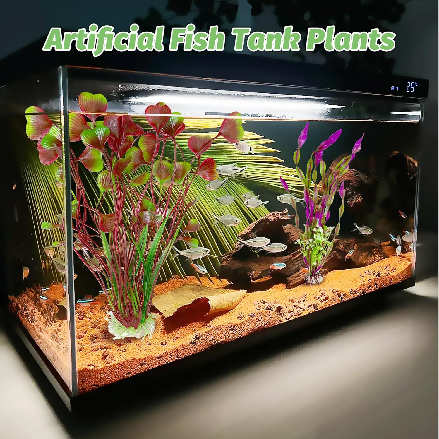 Hamiledyi Artificial Aquarium Plants Fish Tank Decorations, Soft Plastic Green Water Grass for Fish Habitat, Realistic Underwater Décor, Safe for Fish, 2-Pack