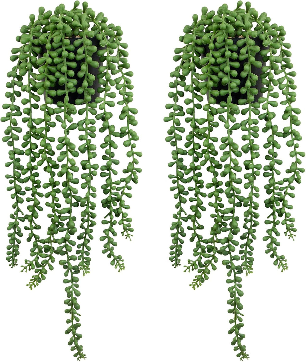 LOYWREE 2 Pack Lifelike Artificial String of Pearls Plant - Faux Hanging Succulent with Black Pot, Realistic Trailing Fake Plant for Indoor Outdoor Shelf Desk Window Sill Home Garden Office Decor