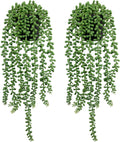LOYWREE 2 Pack Lifelike Artificial String of Pearls Plant - Faux Hanging Succulent with Black Pot, Realistic Trailing Fake Plant for Indoor Outdoor Shelf Desk Window Sill Home Garden Office Decor