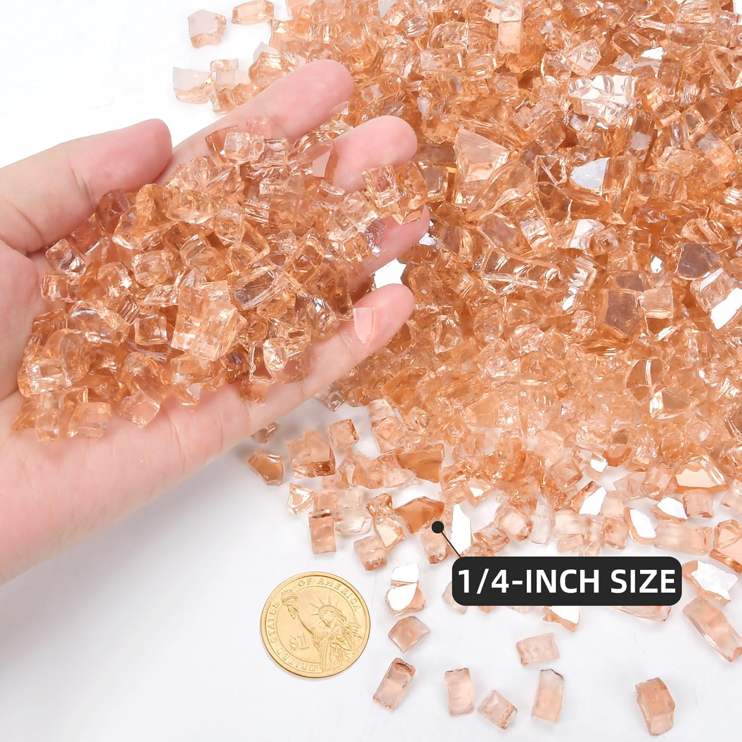 GasSaf 1/4 Inch Fire Glass Reflective Tempered Fireglass Cut Crushed FireGlass for Fire Pit, Fireplace, Replaces Existing Gas Logs & Lava Rocks (10 Pound)(Champagne Reflective)