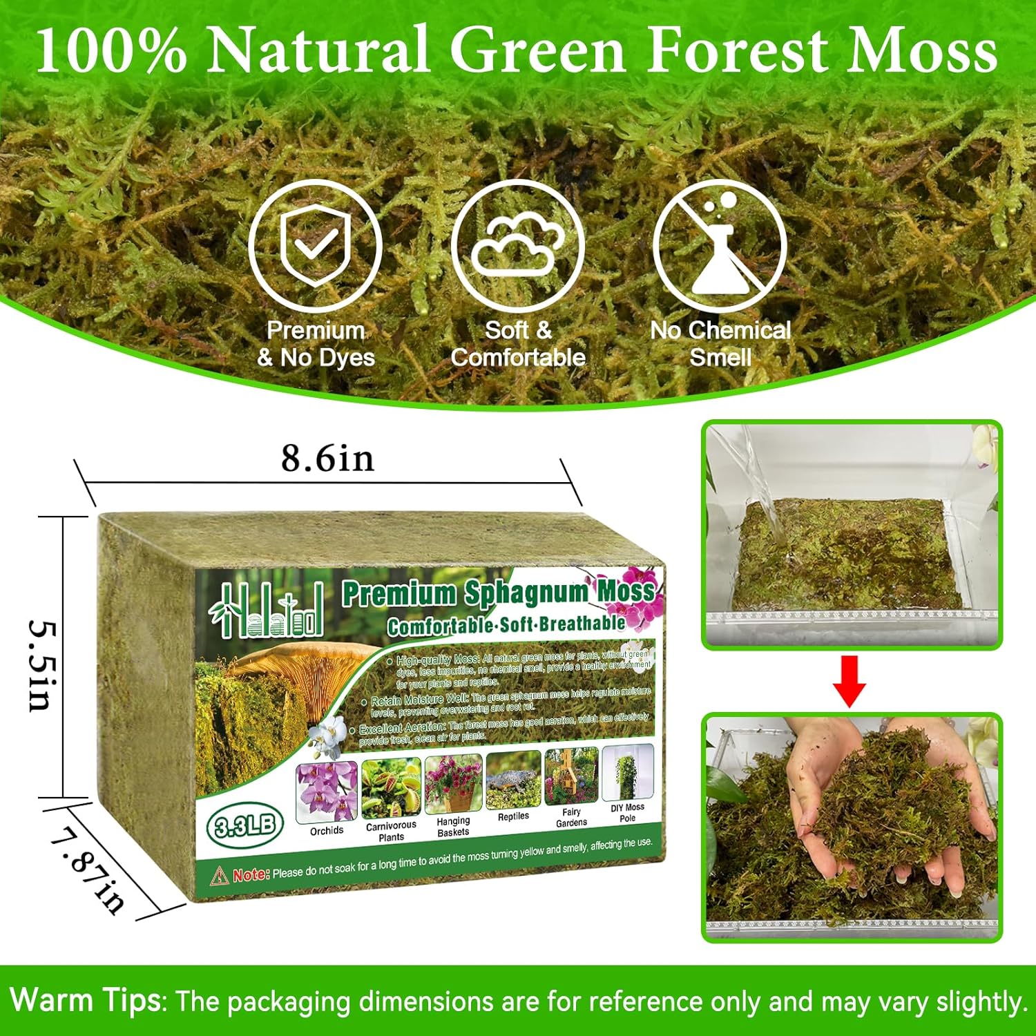 Halatool 3.3LB Green Forest Natural Sphagnum Moss for Plants - Fluffy Orchid Moss for Repotting, Dried Plant Moss for Indoor & Outdoor Potted Plants