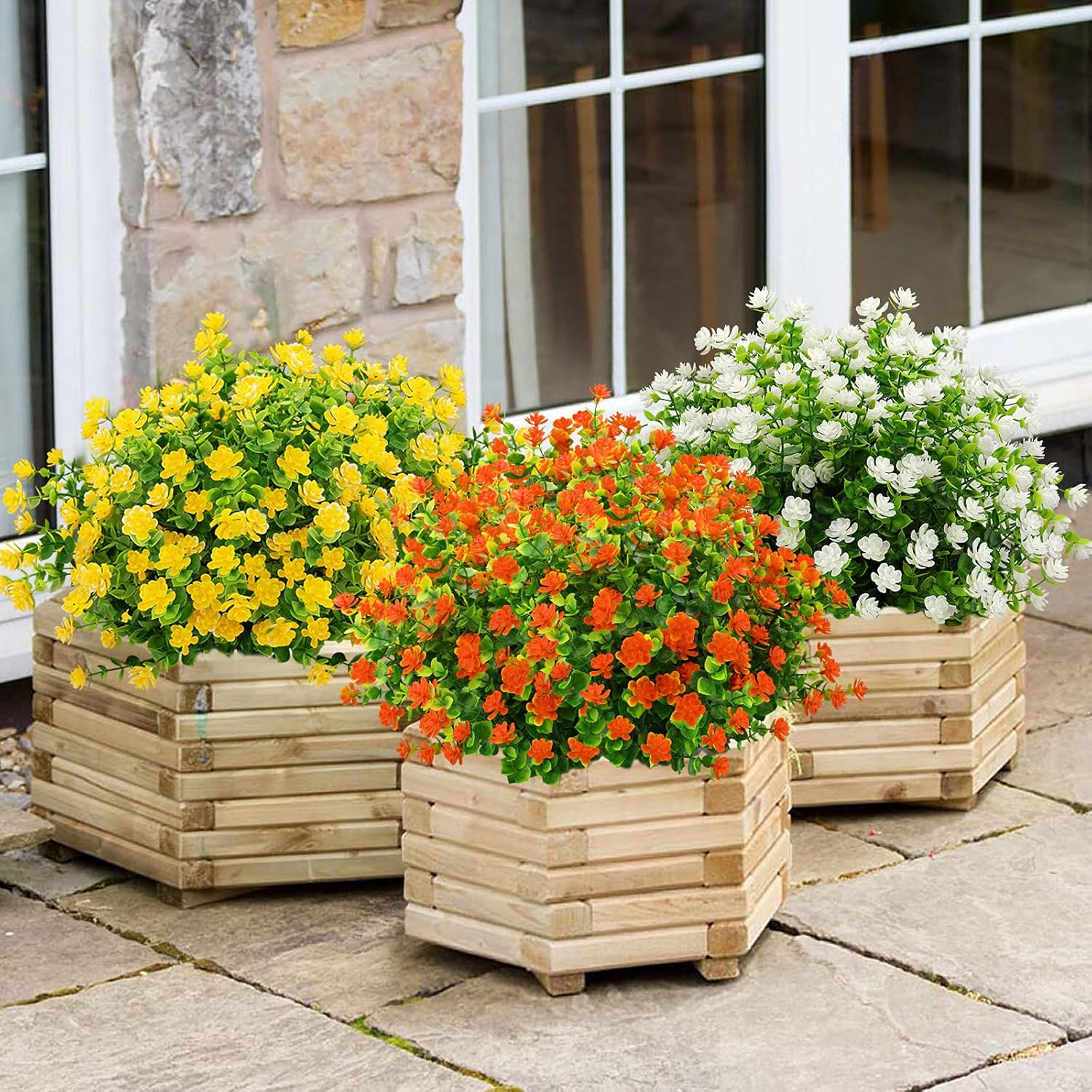 GREENRAIN Artificial Flowers Outdoor Fake Flowers for Decoration UV Resistant No Fade Faux Plastic Plants Garden Porch Window Box Décor (18 Bundles, 4#White)