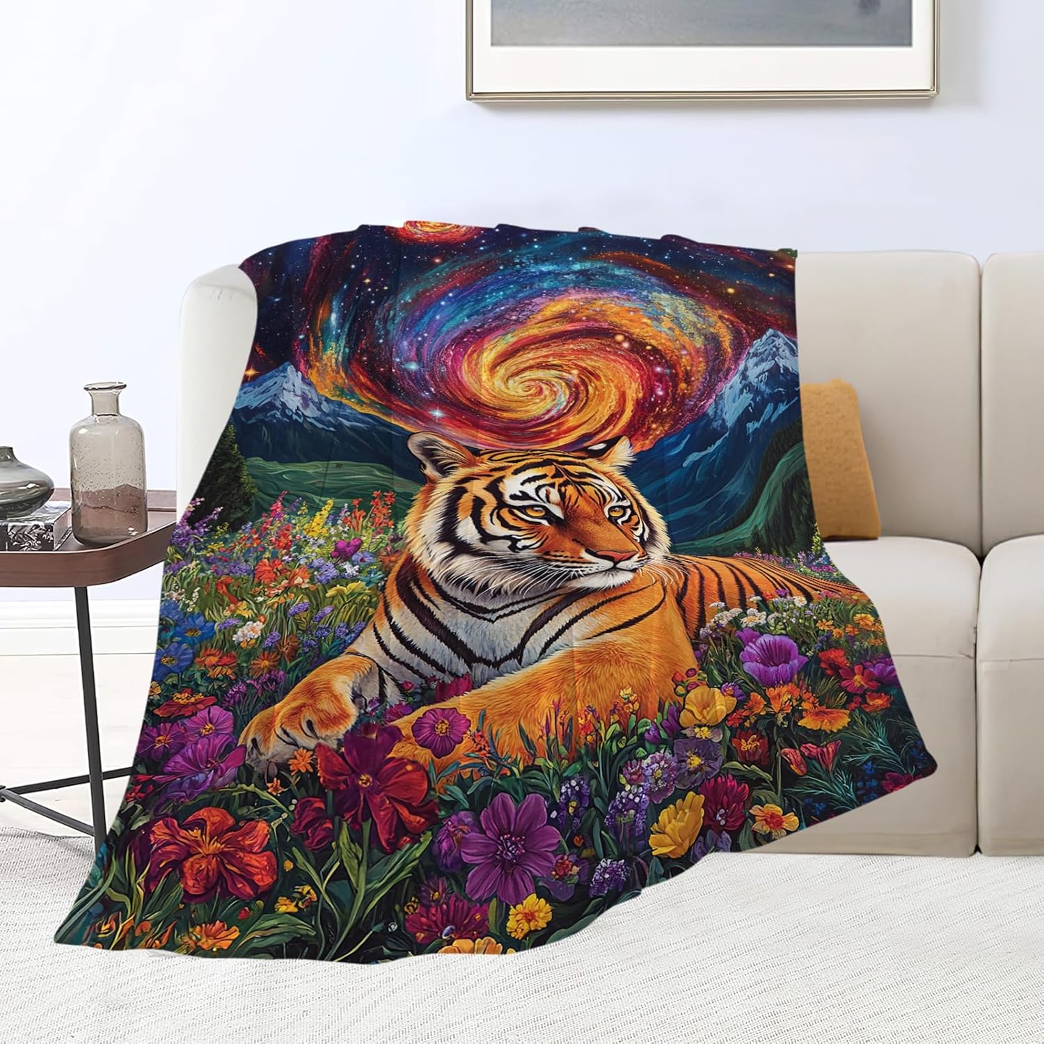 Tiger Blanket Starry Night Floral Animal Throw Blankets Gifts for Girls Boys Kids Tiger Lover Soft Cozy Fleece Plush for Couch Sofa Bed 60"x50"