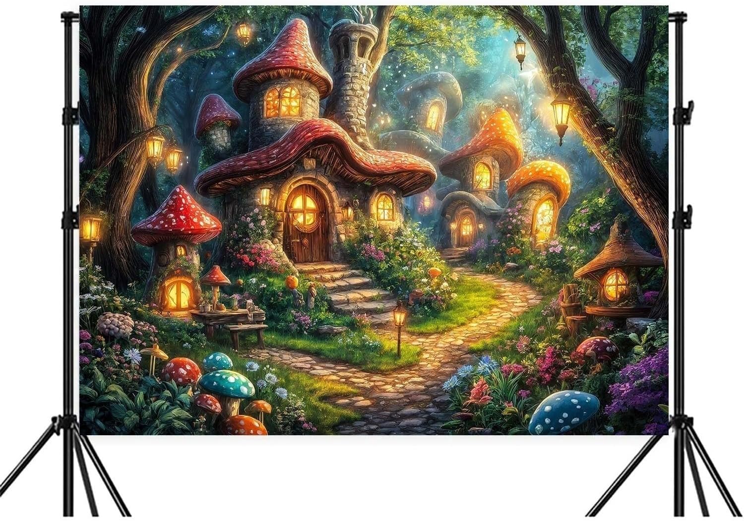 8X6ft Enchanted Forest Backdrop Fairy Tale Forest Mushroom House Photography Background Magic Garden Woodland Party Decorations Photo Shoot Booth Props
