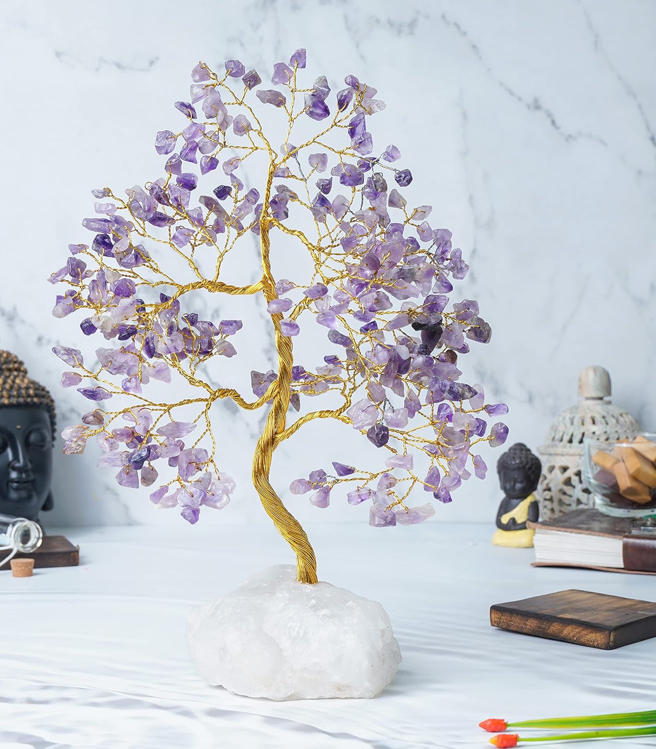 Amethyst Gemstone Tree - Chakra Tree of Life, Natural Quartz Stone Base, Crystal Tree for Positive Energy, Feng Shui Money Bonsai - Attract Good Luck, Holistic Home Decor - Gem Stone Tree 10-12"