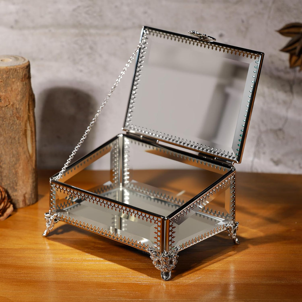 Glass Vintage Jewelry Box Keepsake storage Trinket Ring Display Box Home Decor Beveled Clear Glass Box Organizer(5.7x4.3x2.7Inches)