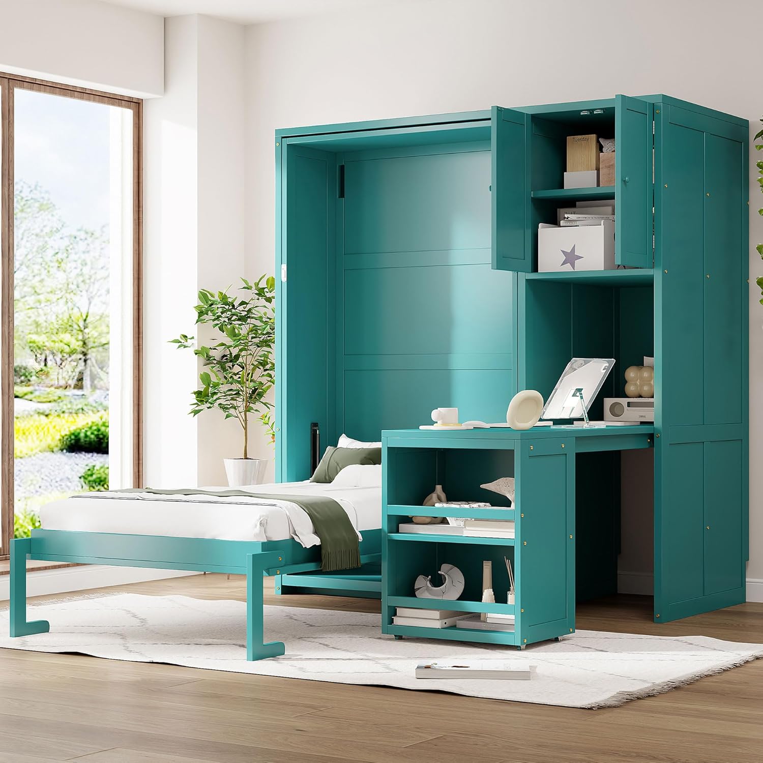 MERITLINE Twin Murphy Bed with Storage Bookcase Bookshelf, Extendable Desk and Cabinet, Wood Rotatable Hidden Murphy Bed with Desk and Shelves,for Adults (Teal)