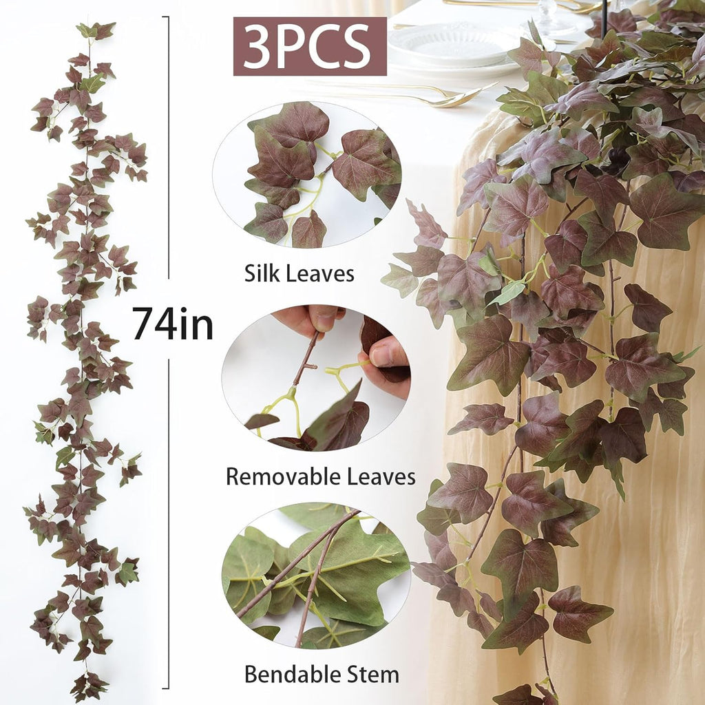 Mizii 3 Strands Artificial Vines Ivy Garland 74" Fake Vine with Silk Green Leaves Faux Hanging Plants Greenery Decoration for Outdoors Wedding Party Indoor Bedroom Home Wall Room Decor (Purple Green)