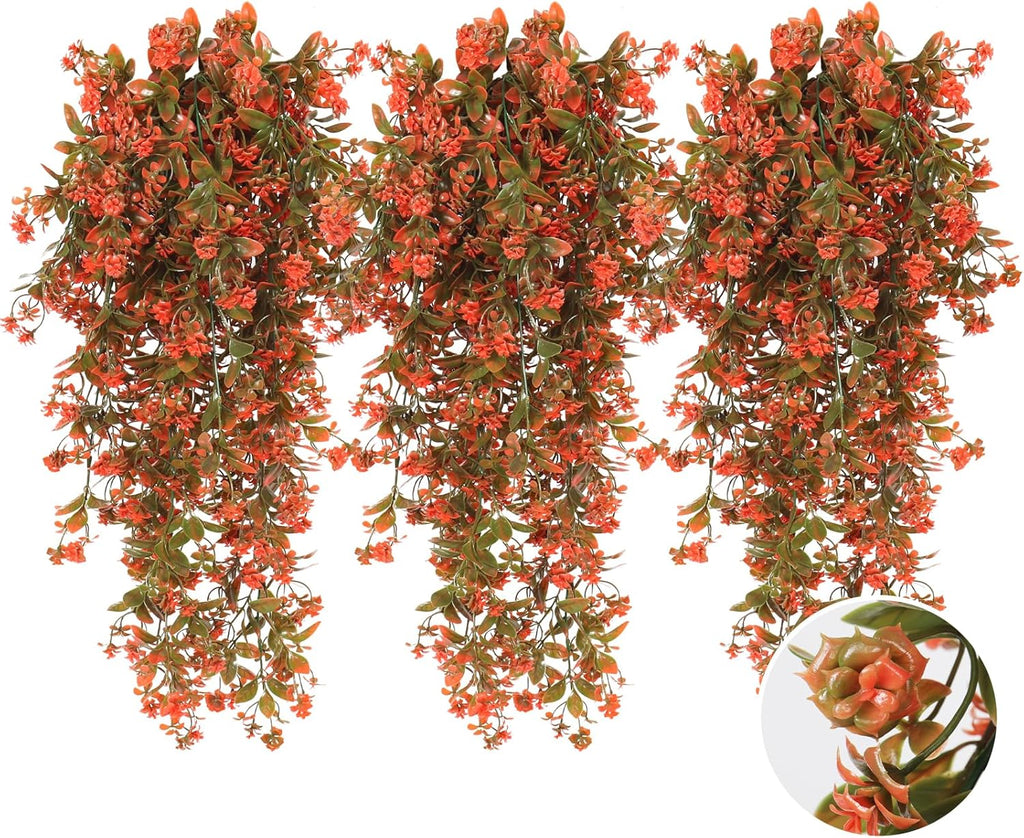 SJL Fall Faux Hanging Plants Artificial Fall Hanging Flowers Artificial Outdoor UV Resistant Fake Vine Plant Faux Greenery Plastic Plants for Farmhouse Thanksgiving Patio Party Decor (Salmon)