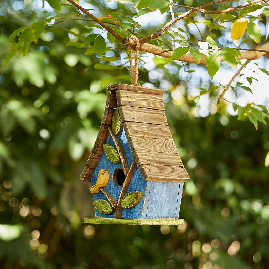 Glitzhome Birdhouses for Outdoors,9.5"H Hanging Bird House Decorative Pet Cottage Wooden Birdhouse Hummingbird Houses for Outside,Bluebird House with Natural Wood Slatted Roof and 3D Tree,Washed Blue