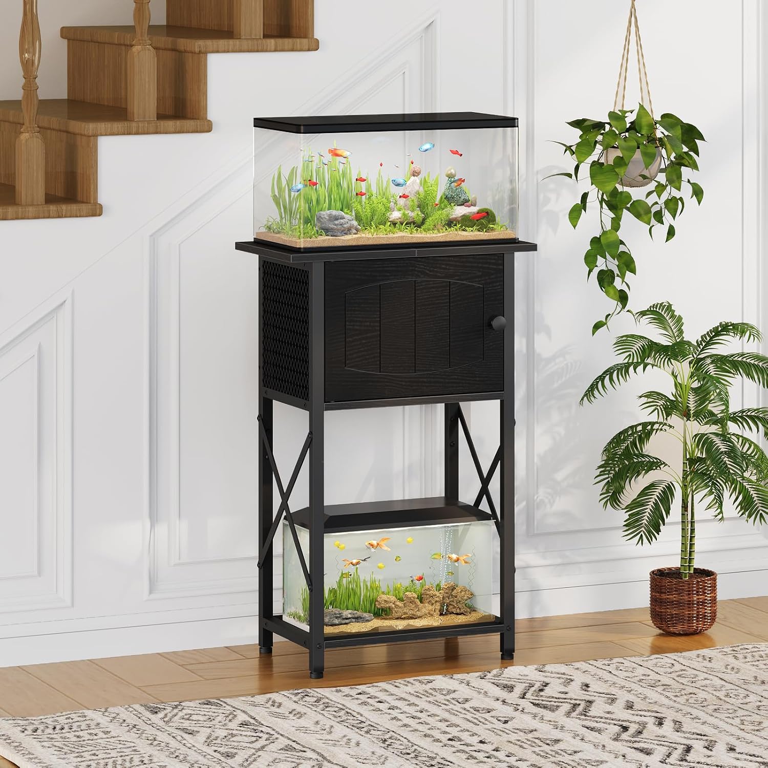 HOOBRO 10 Gallon Aquarium Stand, Fish Tank Stand with Cabinet Storage, Reptile Turtle Tank Stand with Metal Frame, 20.5" L x 11" W , 220 LBS Capacity, Black BB28FT01