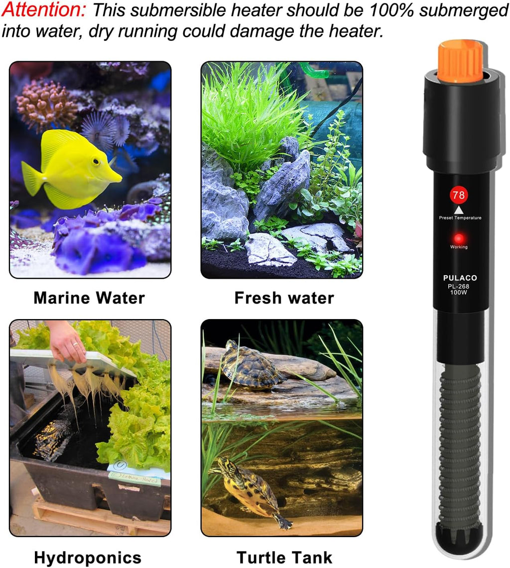 PULACO 100Watt Aquarium Heater for 10-20gallon Fish Tank, Adjustable Submersible Heater Thermostat with Thermometer Strip and Suction Cup