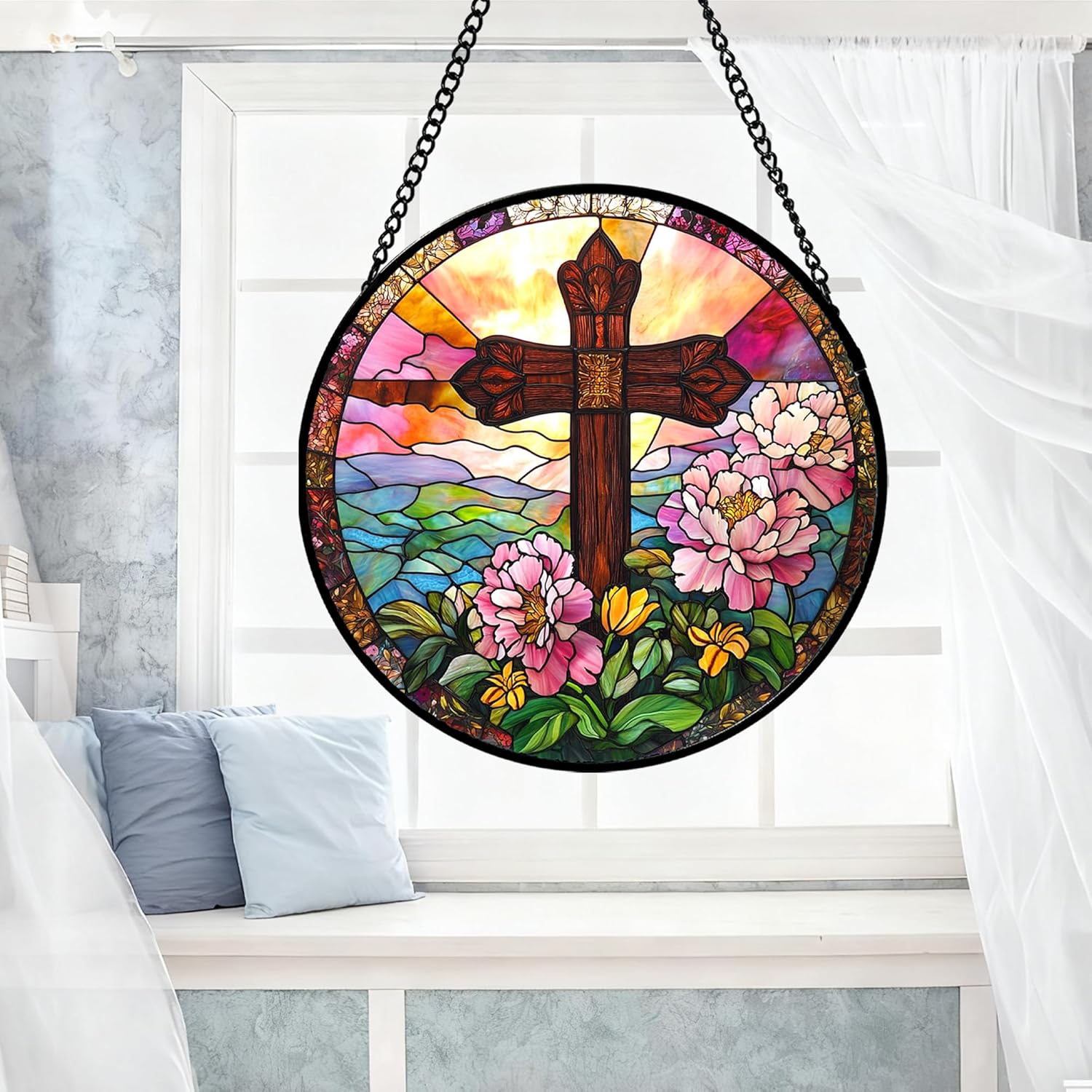 Christian Gifts for Women - Cross Stained Glass Window Hanging Jesus Easter Pink Flower Peony Sun Catcher Garden Religion Decor Mother's Day Catholic Gift for Men Grandma Mom Her Nana 7.8"