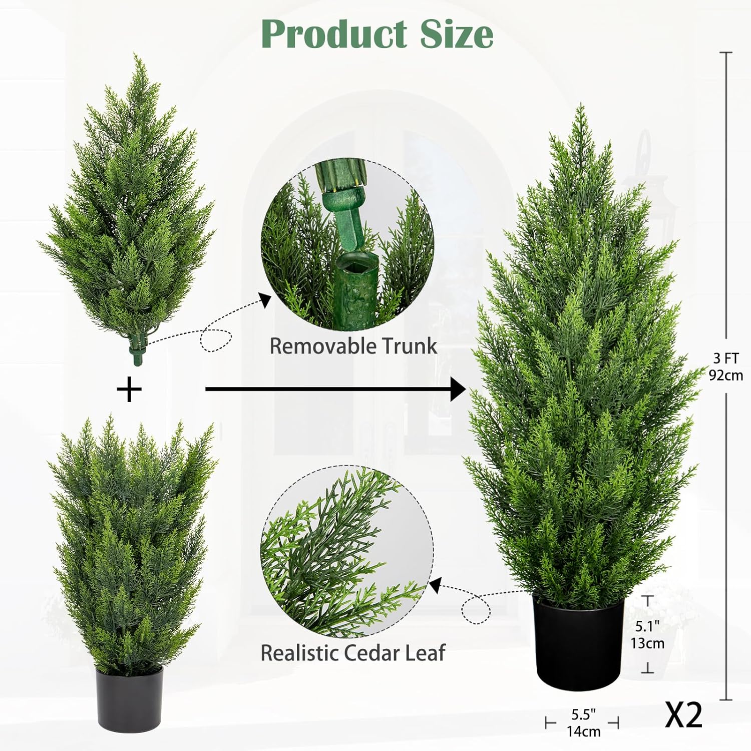 Briful 3ft Cedar Topiary Trees Artificial Outdoor Set of 2, Realistic Faux Cedar Pines with Pots, UV Resistant Christmas Greenery for Holiday Decor, Indoor Farmhouse Entryway Patio Door Plants