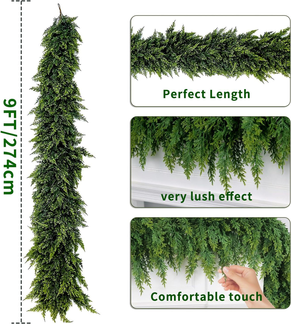 9FT Christmas Garland Decoration, Realistic Artificial Green Faux Cedar Pine Garland Holiday Decor for Outdoor Indoor Green Greenery,Fireplaces Holiday Party Decorations