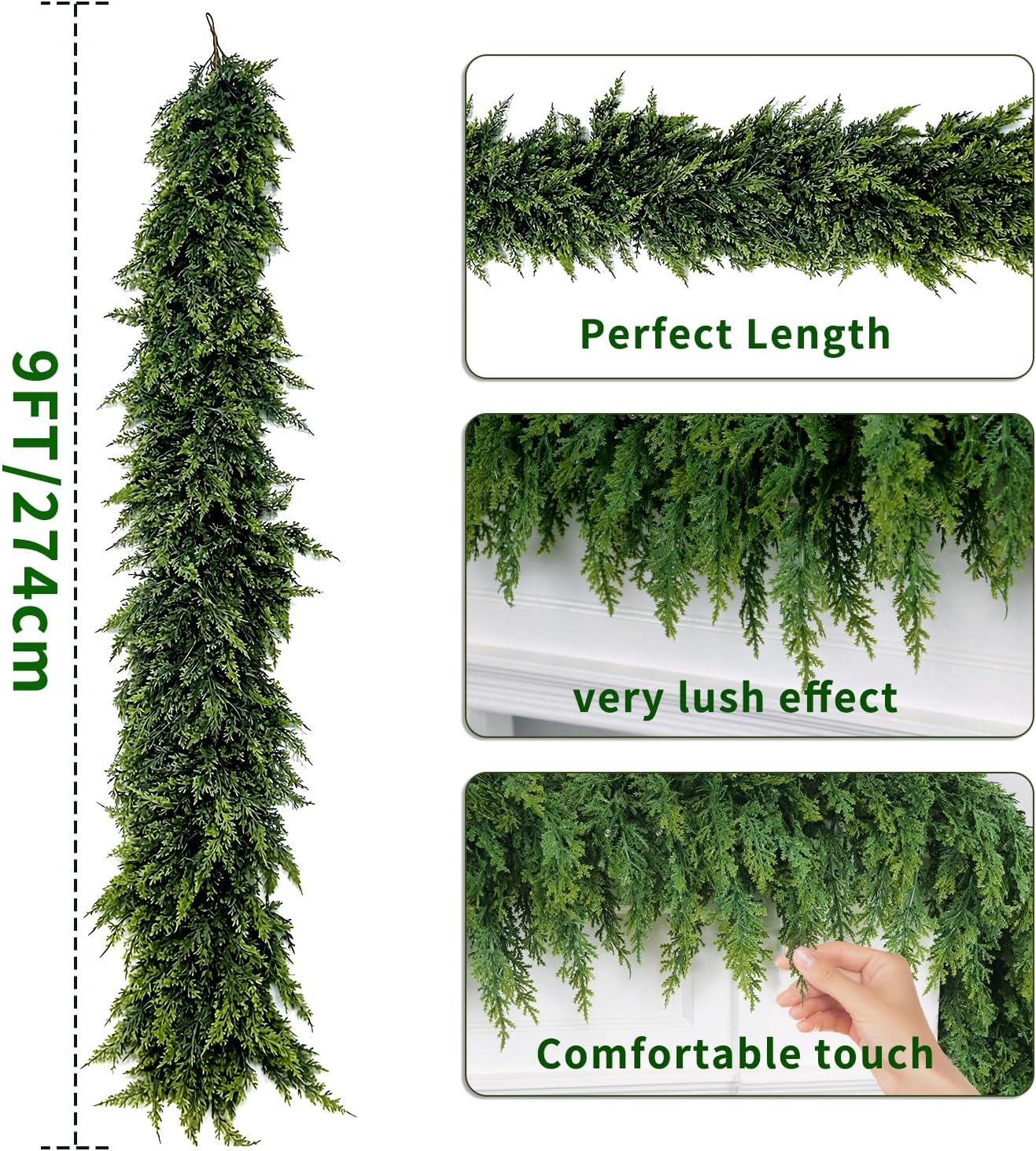 9FT Christmas Garland Decoration, Realistic Artificial Green Faux Cedar Pine Garland Holiday Decor for Outdoor Indoor Green Greenery,Fireplaces Holiday Party Decorations