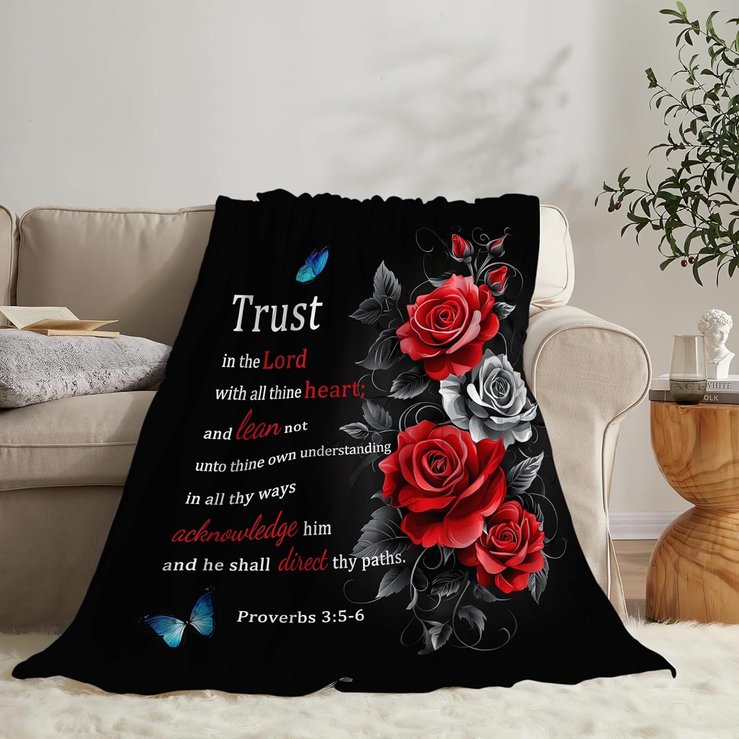 Christian Blanket Bible Verse Throw Blanket Red Rose Inspirational Religious Spiritual Gifts for Girls Boys Kids Adults Women Men Soft Cozy Plush Fluffy Fuzzy Fleece Blanket Decor 60''X80''
