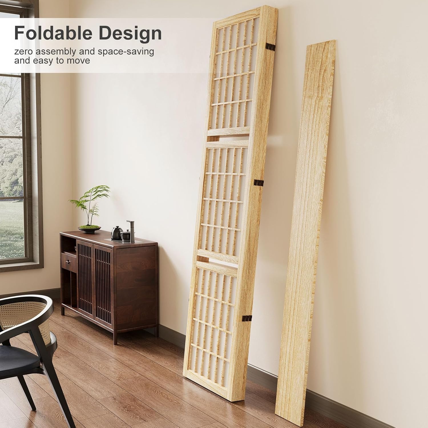 Room Divider with Shelves, 66.9-Inch Tall Japanese Shoji Style Wood Screen with Double Hinges for Home Office Bedroom Hotel Decoration (4 Panels, Natural)