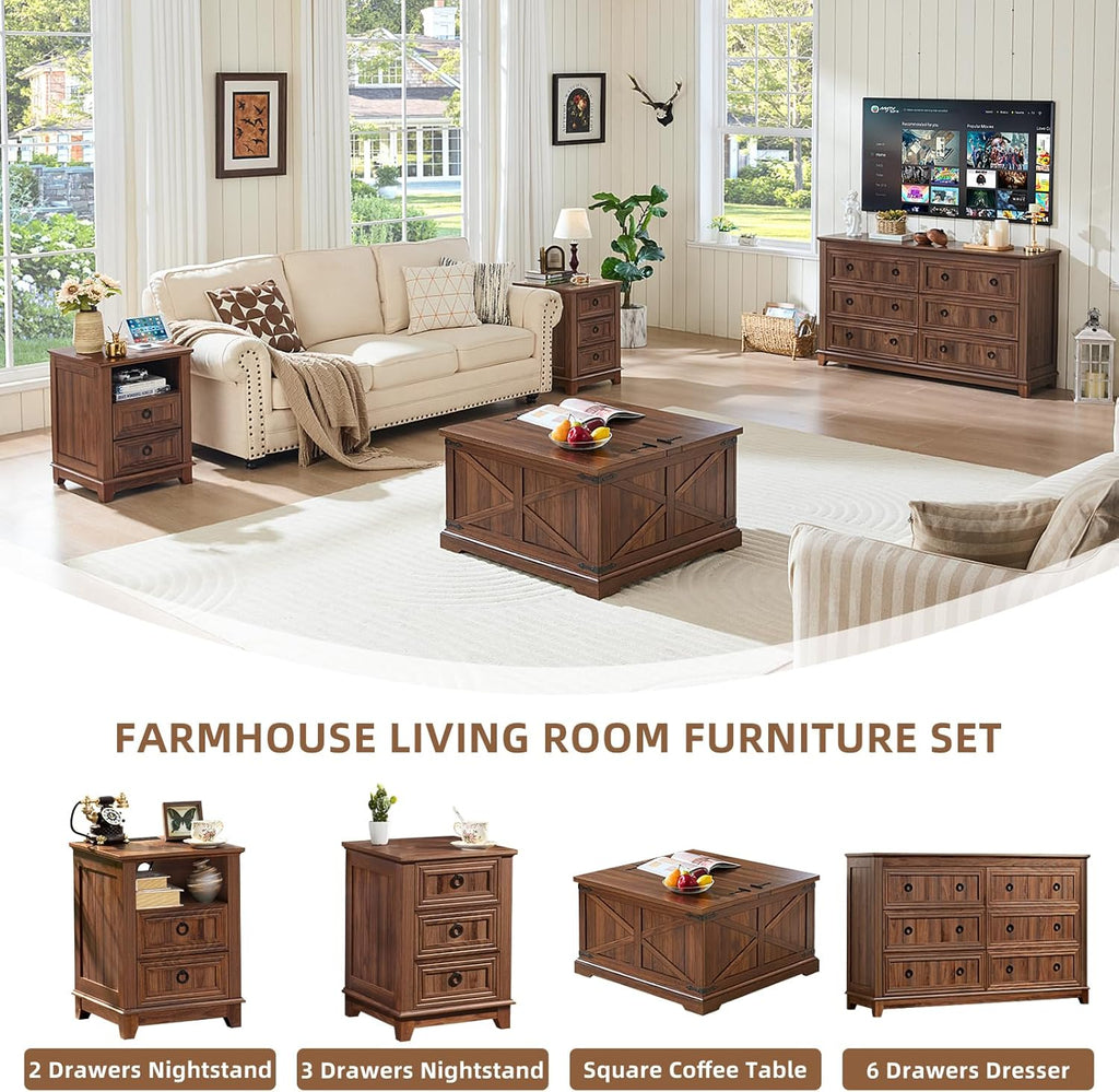 Farmhouse Coffee Table with Large Hidden Storage Compartment, Brown Retro Square Center Table, Wood Rustic Low Modern Living Room Tables with Hinged Lift Brown Top & Wooden Arc Base