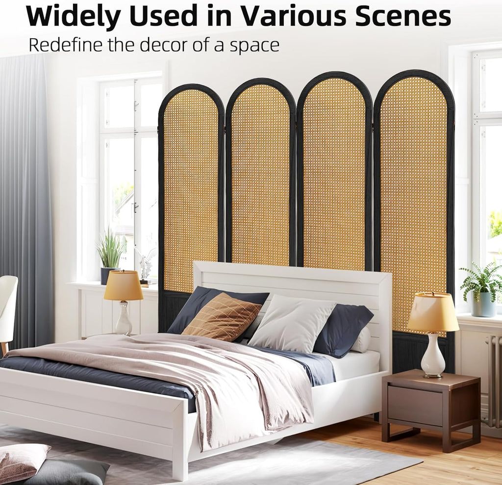 4 Panel Room Divider and Folding Privacy Screen 5.6 Ft Foldable Double Hinged Room Partition, Hand-Woven Rattan Room Divider Portable Wood Wall Divider for Room Separation, Home, Black