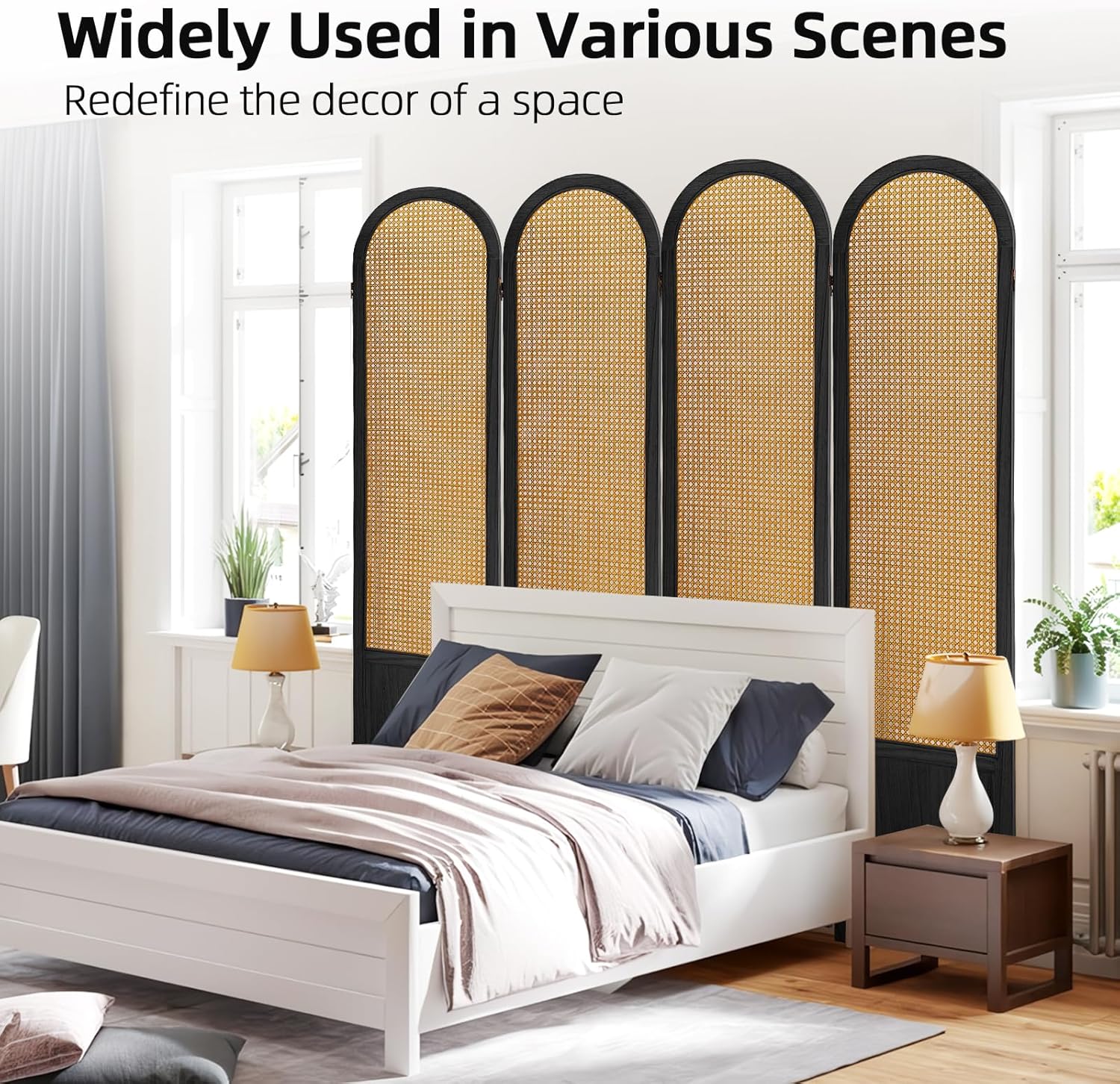 4 Panel Room Divider and Folding Privacy Screen 5.6 Ft Foldable Double Hinged Room Partition, Hand-Woven Rattan Room Divider Portable Wood Wall Divider for Room Separation, Home, Black