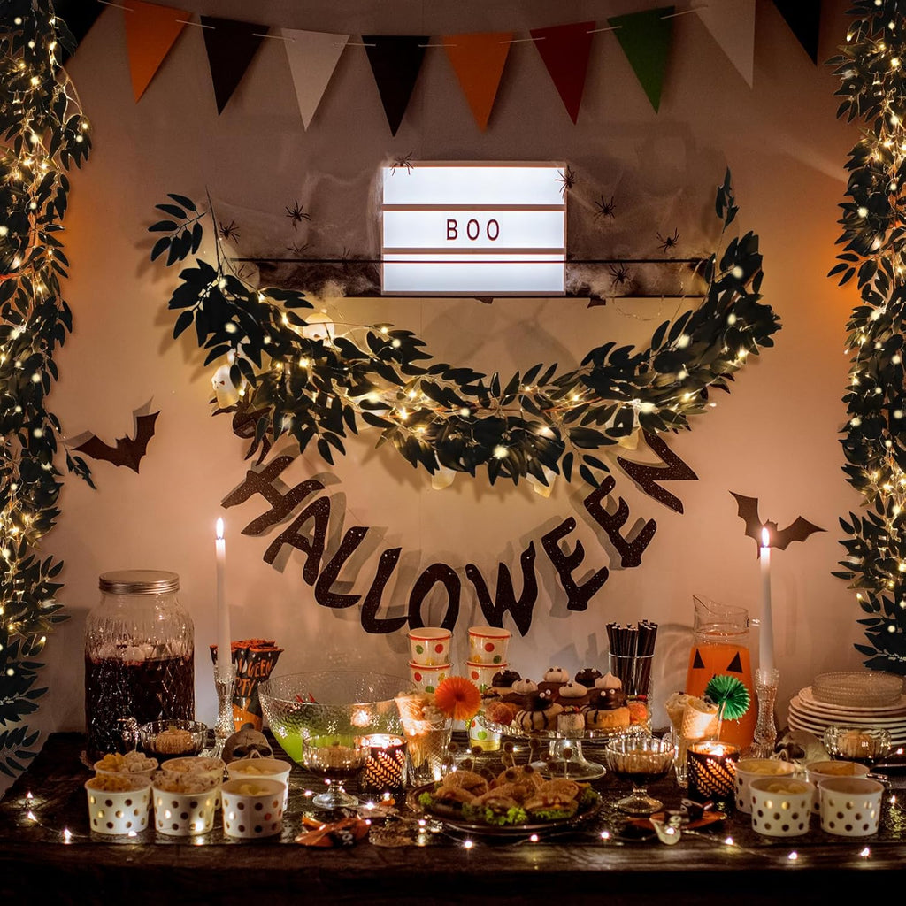 RECUTMS Artificial Black Willow Leaves Vine Twigs Whit Light 2Pcs 5.7Ft Fake Hanging Black Halloween Garland Faux Silk Willow Leaf Ivy Indoor Outdoor Jungle Autumn Wreath Halloween Party Decor