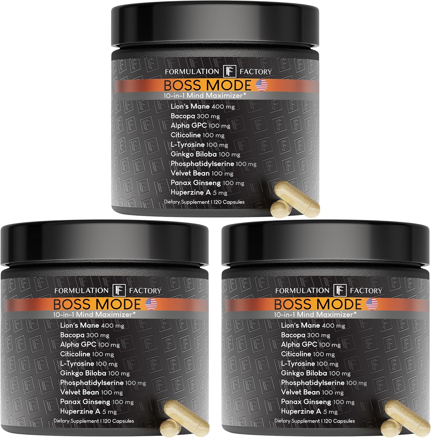 Formulation Factory Boss Mode 10-in-1 Nootropic Cognitive Enhancement Supplement, Focus & Memory Booster, Featuring Lion’s Mane, Bacopa Monnieri, Alpha-GPC, Ginseng & More 360 Capsules (3 Pack)