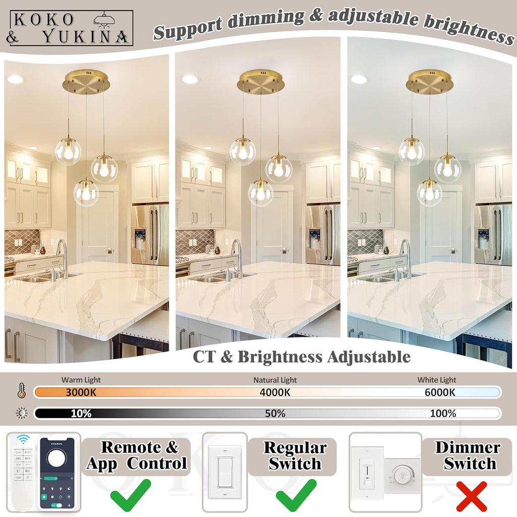 KoKo&Yukina 3-Light Globe Glass Pendant Light Modern Gold Clear Globe Glass Chandelier Adjustable Length Pendant Lights Fixtures High Ceiling Light for Kitchen Island Foyer (Bulb & Remote Incl.)