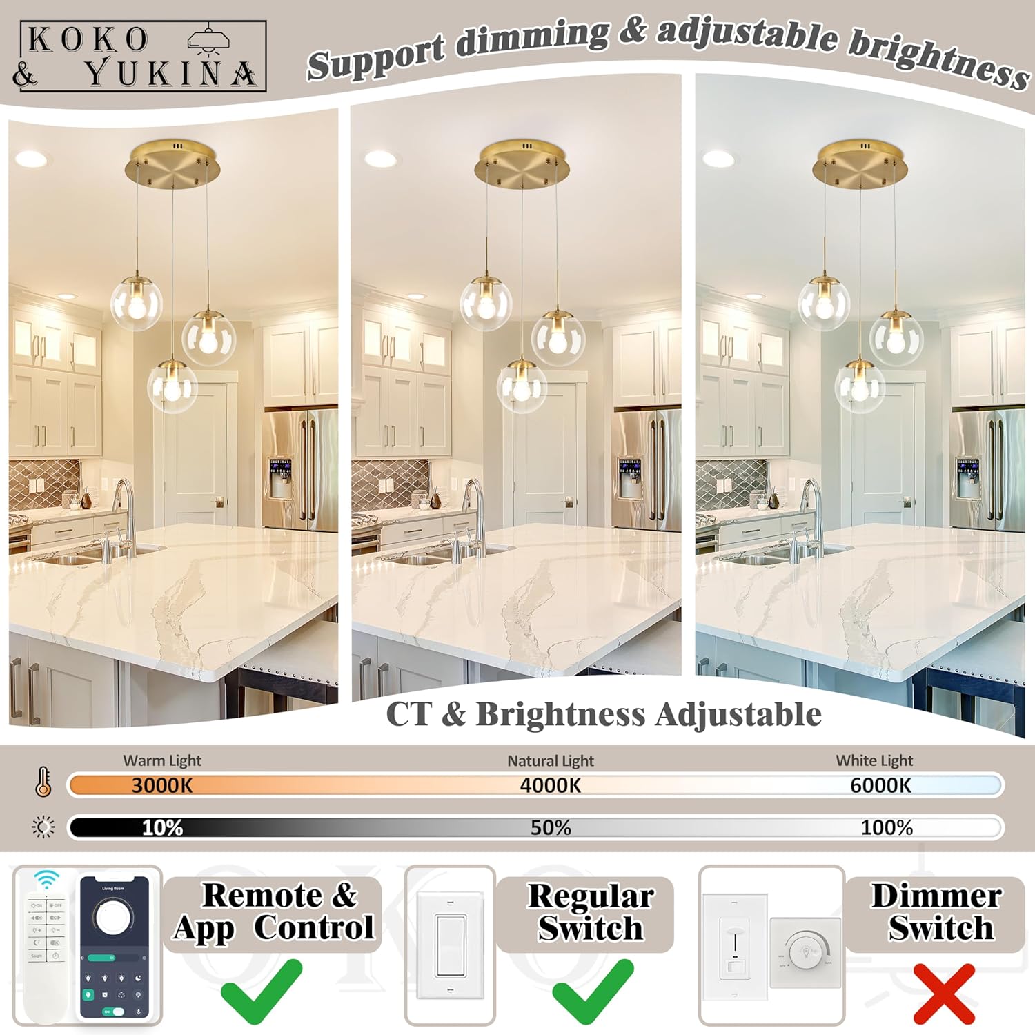 KoKo&Yukina 3-Light Globe Glass Pendant Light Modern Gold Clear Globe Glass Chandelier Adjustable Length Pendant Lights Fixtures High Ceiling Light for Kitchen Island Foyer (Bulb & Remote Incl.)