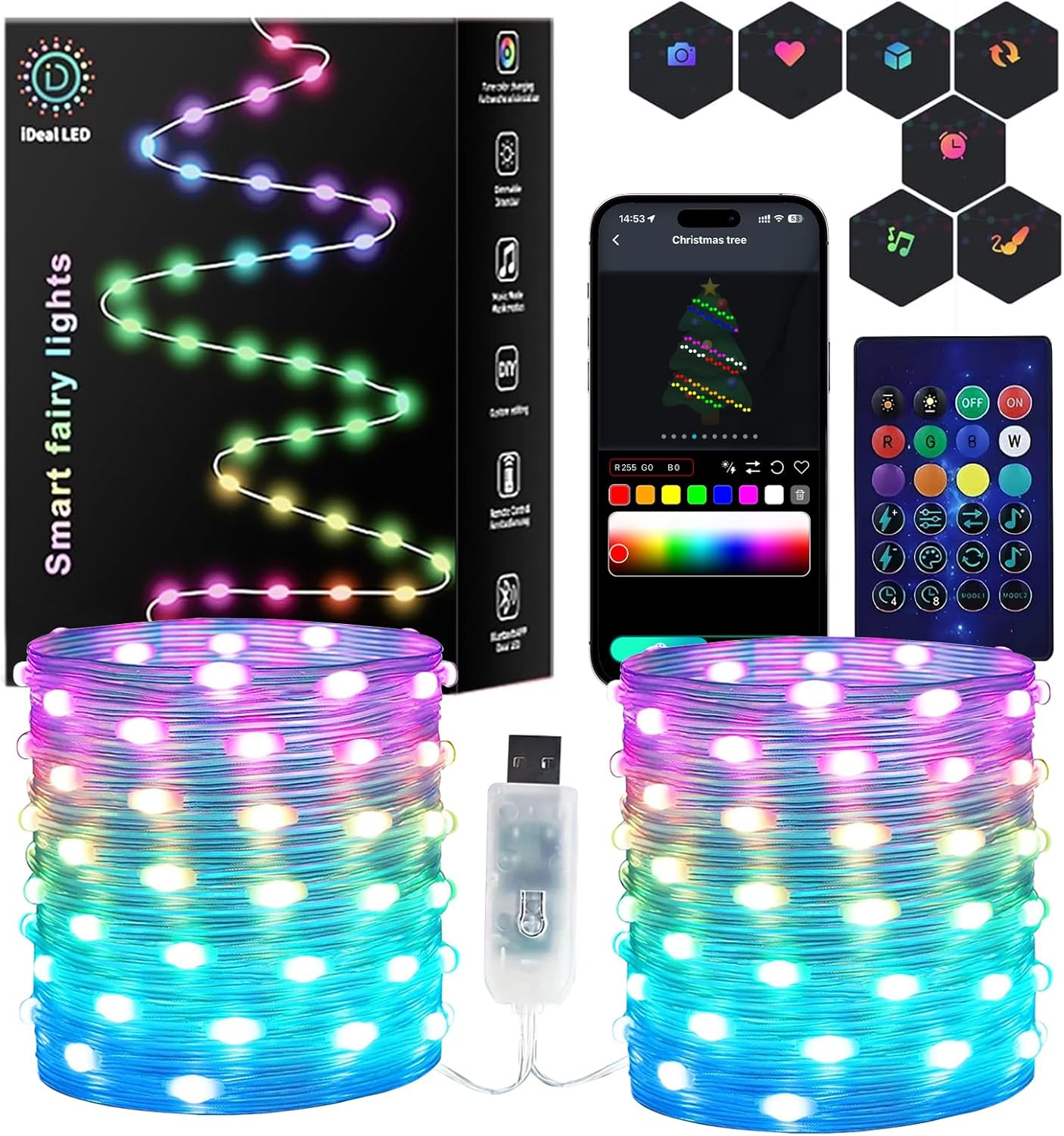 Smart Fairy Lights 98.4Ft, Color Changing led String Lights with Remote & APP Control, DIY RGB-IC Dynamic Multicolor Twinkle Light, Music Sync for Indoor Christmas Room Bedroom Party Decor