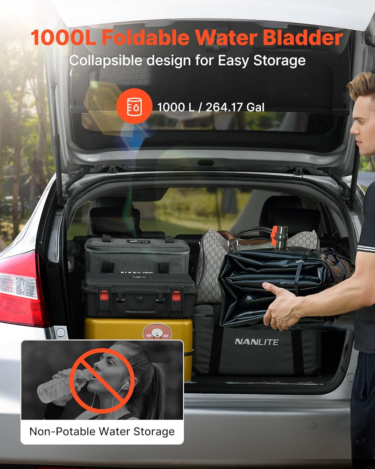 VEVOR Water Storage Bladder, 264 Gallon (1000L) Water Storage Container Tank, 1000D PVC Large Capacity Soft Bag Bladder, Collapsible Portable for Garden Irrigation, Camping, RV, Emergency Use - Black