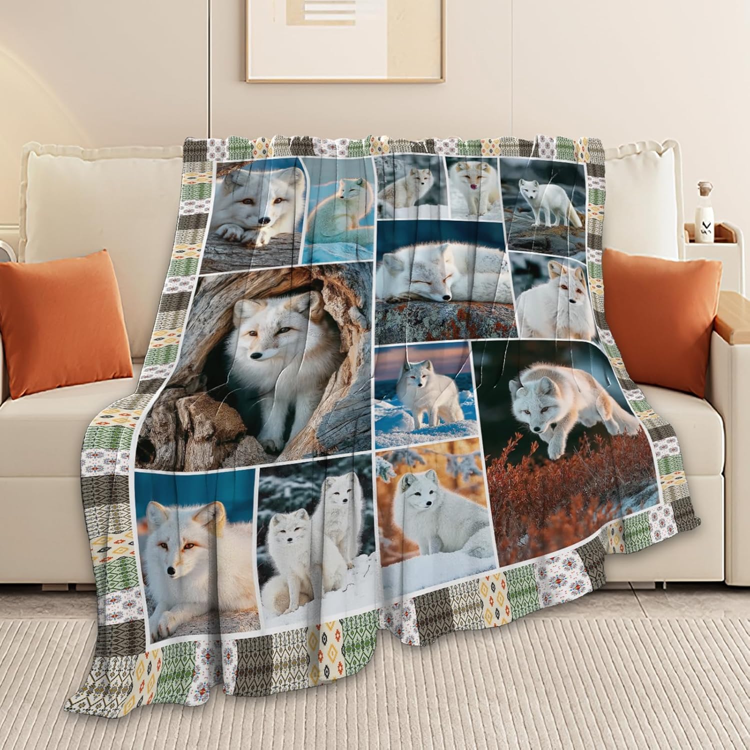 Fox Throw Blanket White Fox Stuff Gifts for Kids Girls Boys Adults Women Men Soft Cozy Warm Plush Fluffy Fuzzy Fleece Blanket Decor 50''X60''