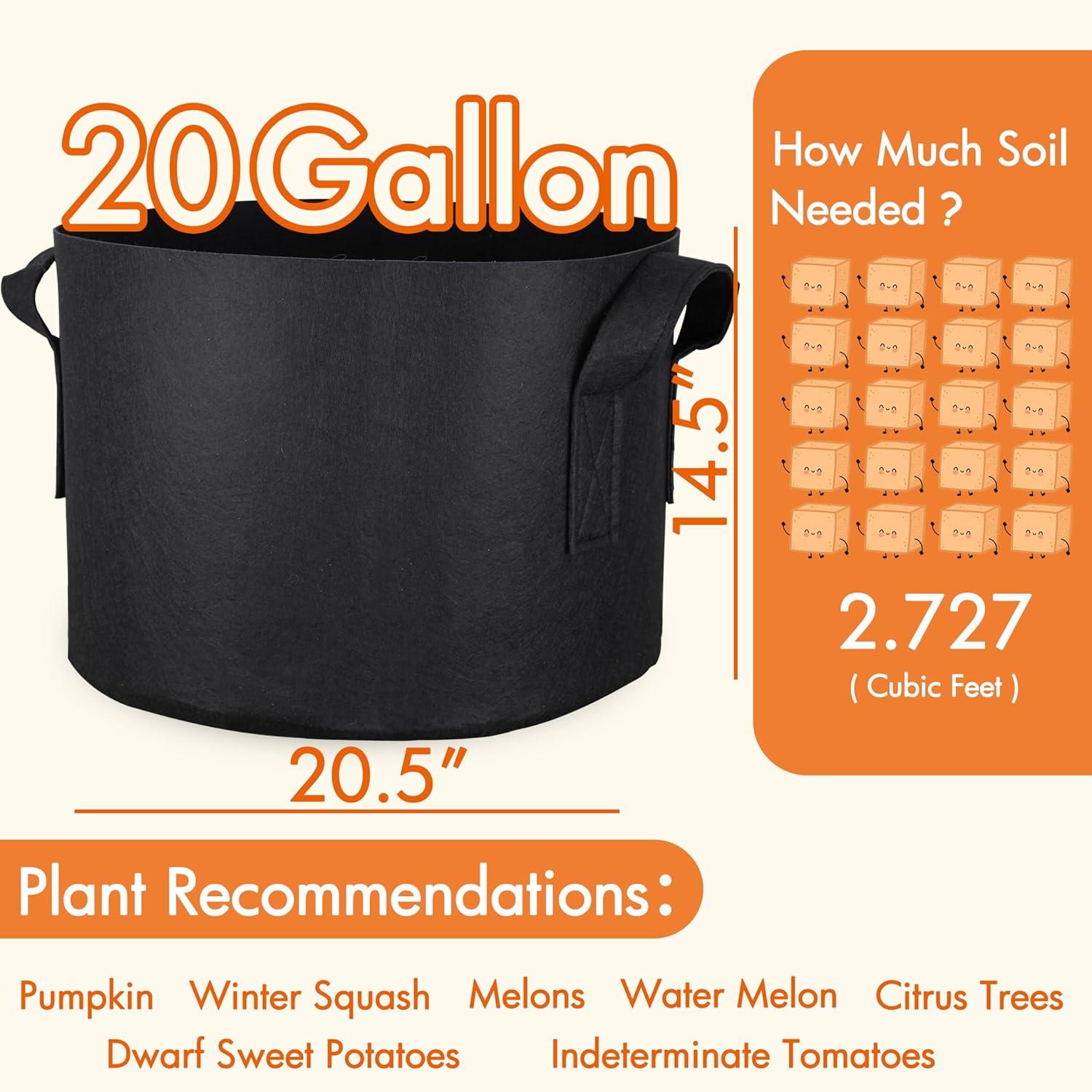 Gardzen 6-Pack 20 Gallon Grow Bags, 500G Thickened Aeration Fabric Pots with Handles, Heavy Duty Cloth Pots for Plants