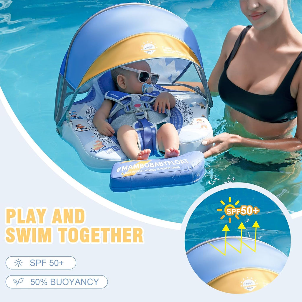 Mambobaby Baby Pool Float with Removable Sun Canopy - Non Inflatable Infant Swim Float with Anti-Flip Tail Design, Waterproof & Skin-Friendly Baby Float for Swimming (3-24 Months)