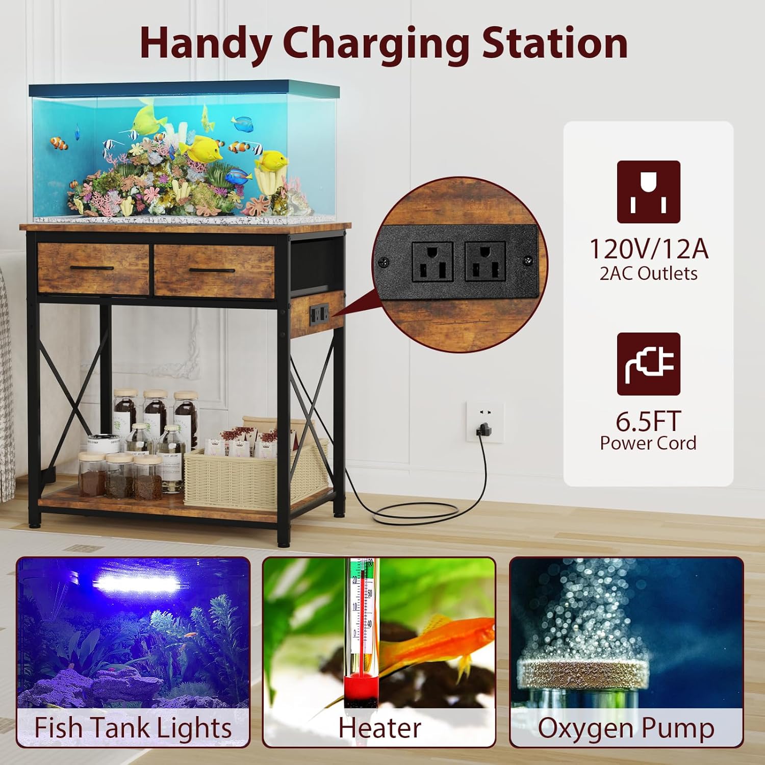 TFK 20-29-37Gallon Fish Tank Stand with Power Outlet, Heavy Duty Metal Aquarium Stand with Two Storage Drawers for Fish Tank Accessories Storage, Perfect for Turtle Tank, Reptile Terrarium, Brown