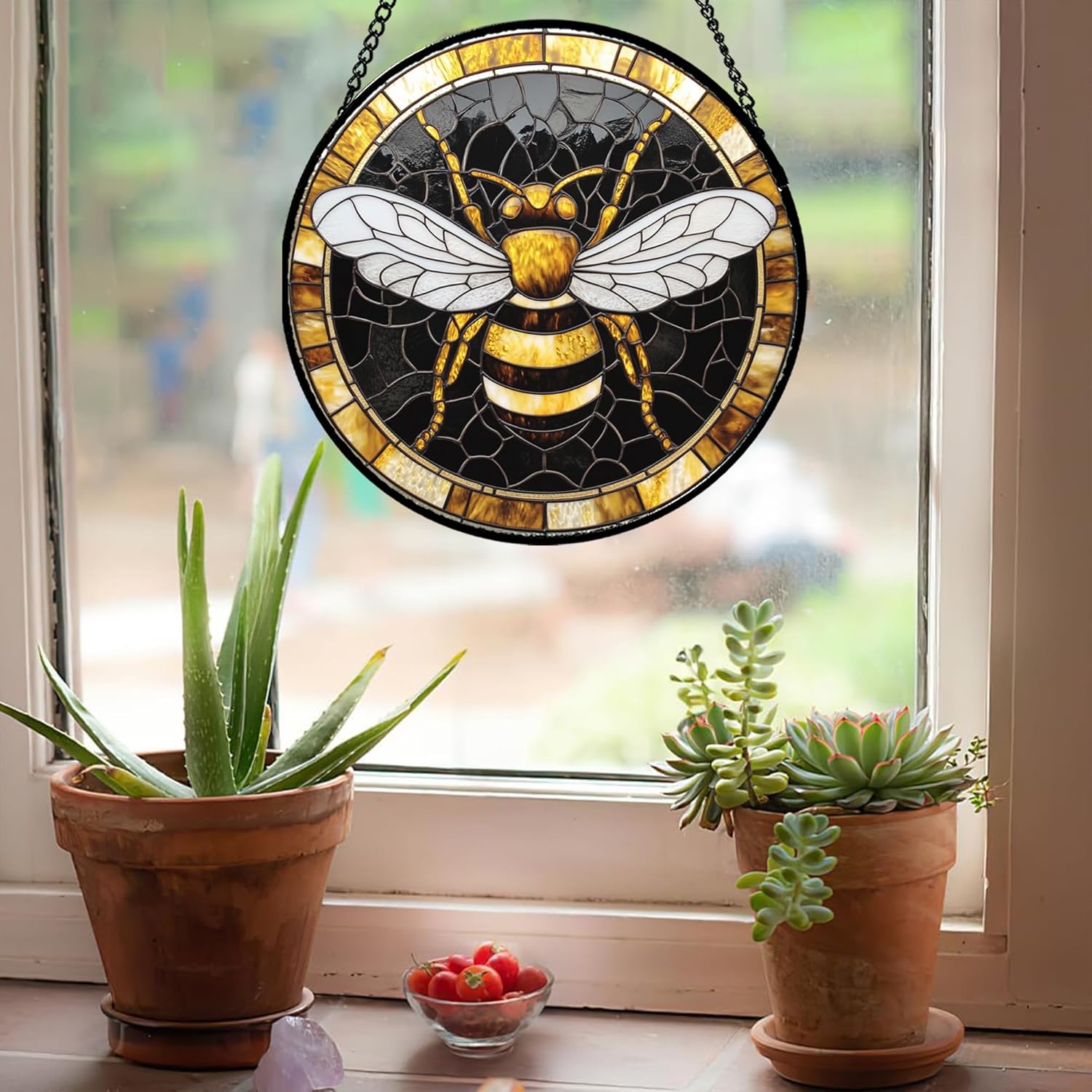 Stained Glass Window Hanging - Black Gold Bee White Wings Sun Catcher for Door Home Decor Insect Suncatcher Christmas Mother's Day Birthday Gifts for Women Men Lovers Mom Nana 15 in