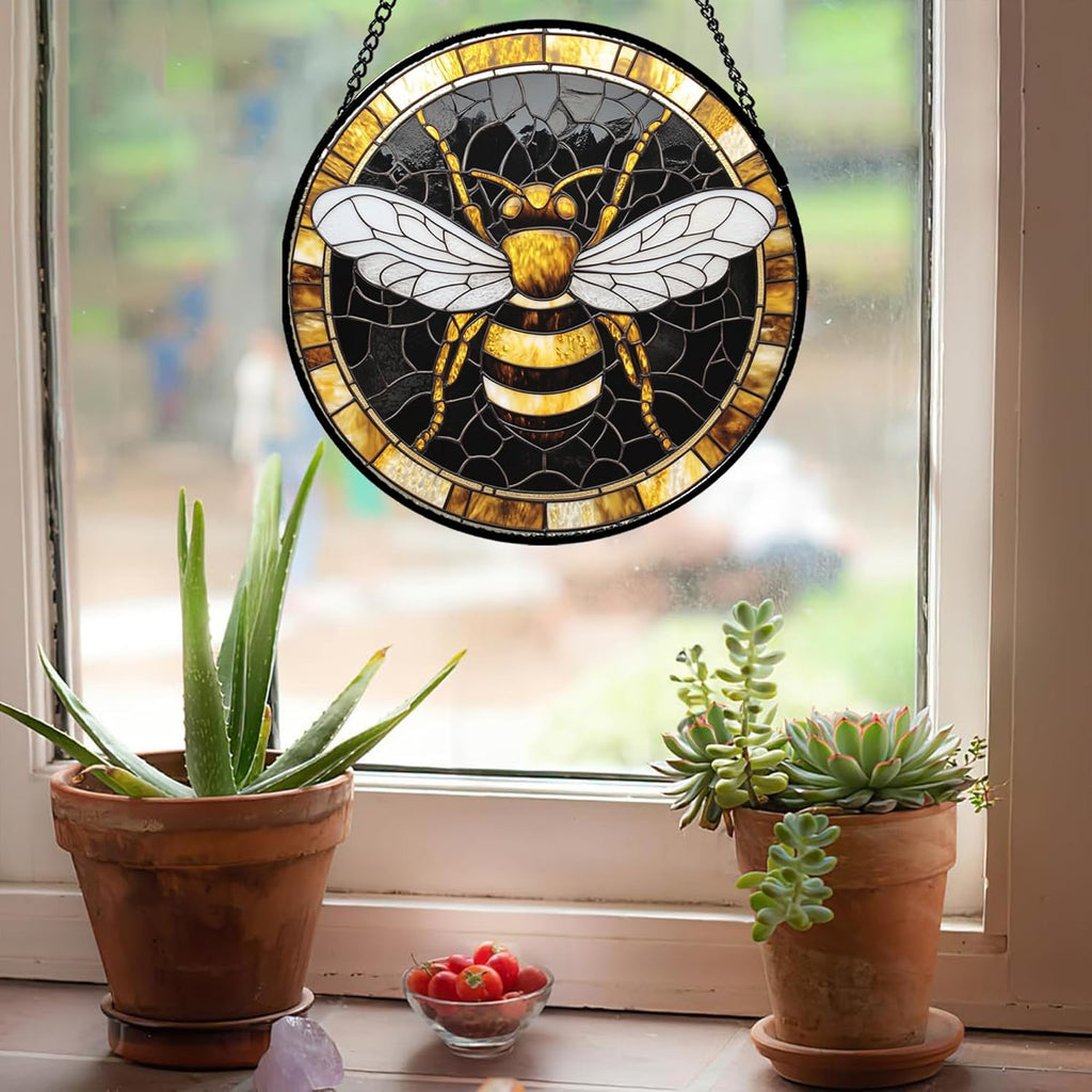Stained Glass Window Hanging - Black Gold Bee White Wings Sun Catcher for Door Home Decor Insect Suncatcher Christmas Mother's Day Birthday Gifts for Women Men Lovers Mom Nana 6.3 in
