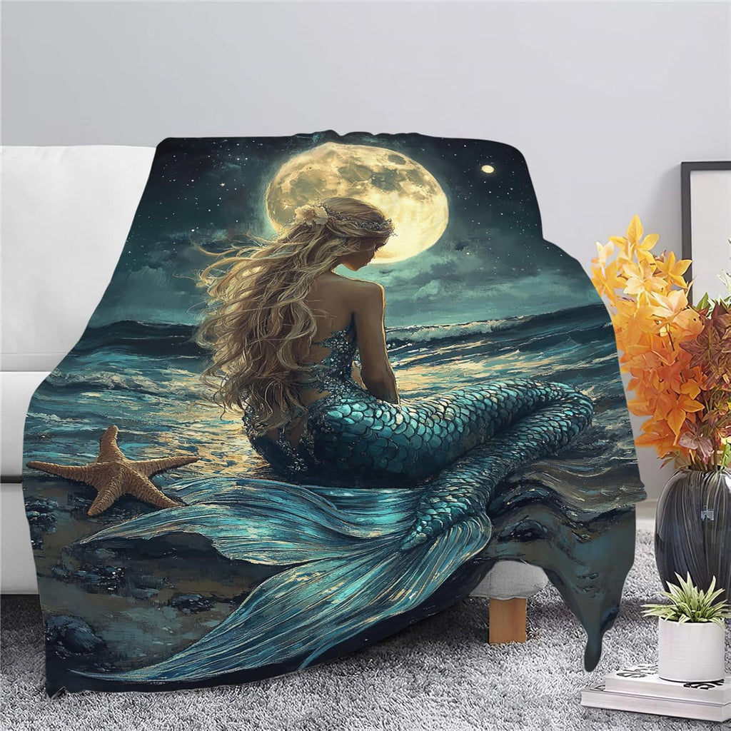 Mermaid Throw Blanket Beach Moon Night Mermaid Stuff Gifts for Kids Girls Boys Adults Women Men Soft Cozy Warm Plush Fluffy Fuzzy Fleece Blanket Decor 50''X60''