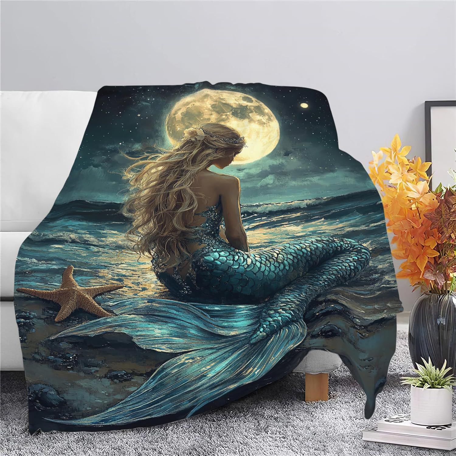 Mermaid Throw Blanket Beach Moon Night Mermaid Stuff Gifts for Kids Girls Boys Adults Women Men Soft Cozy Warm Plush Fluffy Fuzzy Fleece Blanket Decor 50''X60''