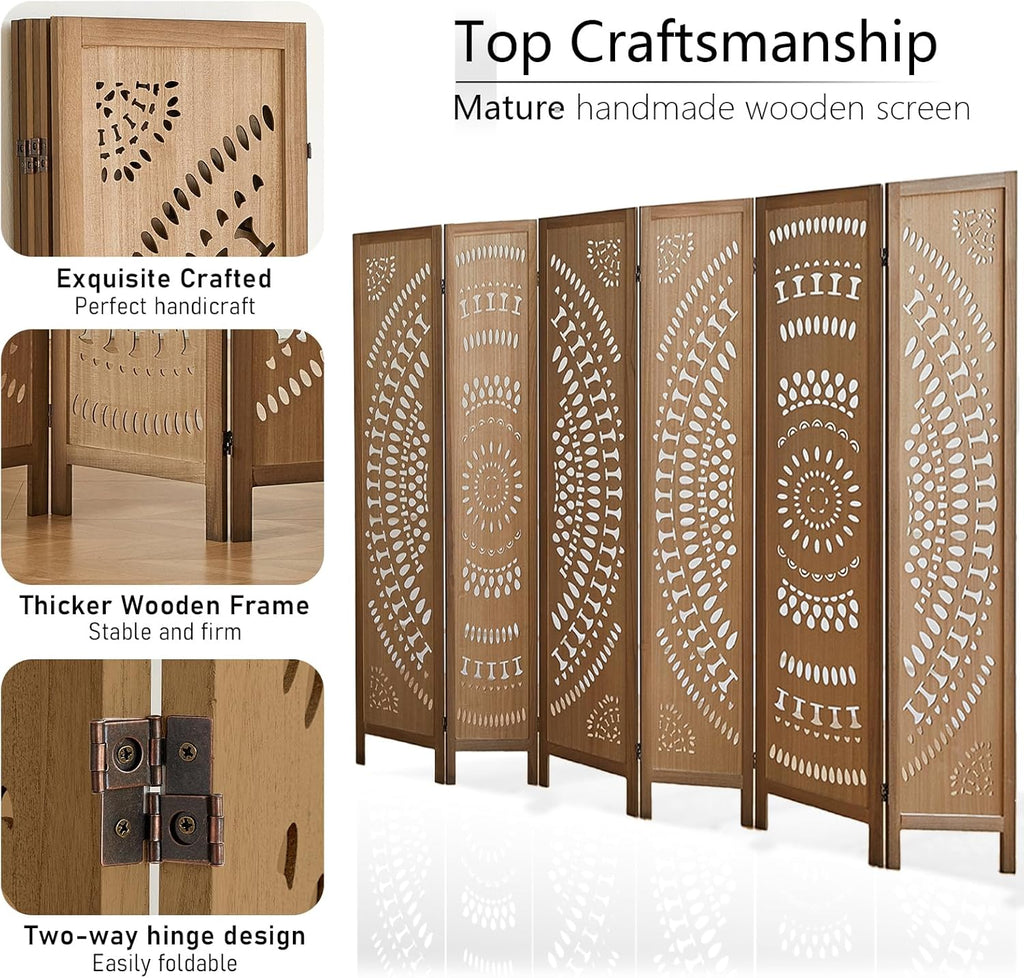Wood Room Divider Wall and Folding Privacy Screen, 5.6 FT Tall Room Divider 6 Panel, Foldable Divider Panel, Environmentally Friendly Carved Privacy Divider for Home Bedroom Office (Brown)