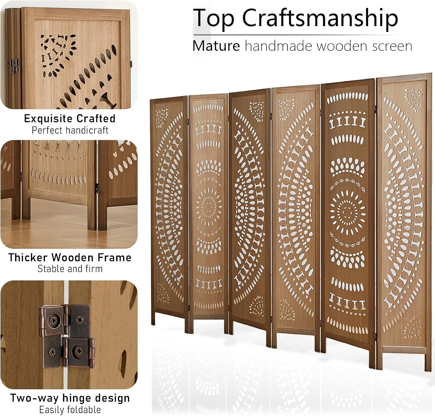 Wood Room Divider Wall and Folding Privacy Screen, 5.6 FT Tall Room Divider 6 Panel, Foldable Divider Panel, Environmentally Friendly Carved Privacy Divider for Home Bedroom Office (Brown)